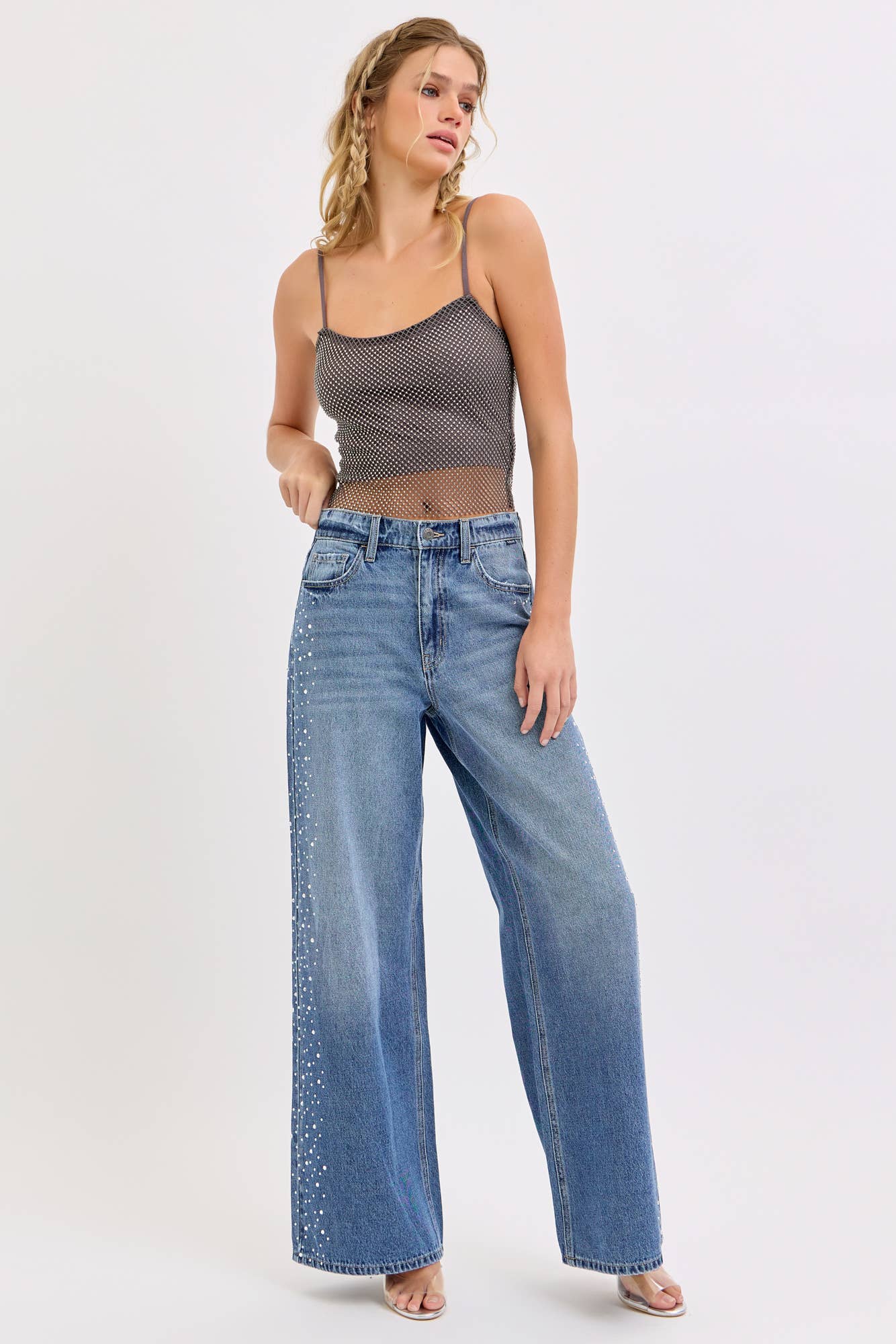 High Rise Wide Leg with Rhinestone Sides