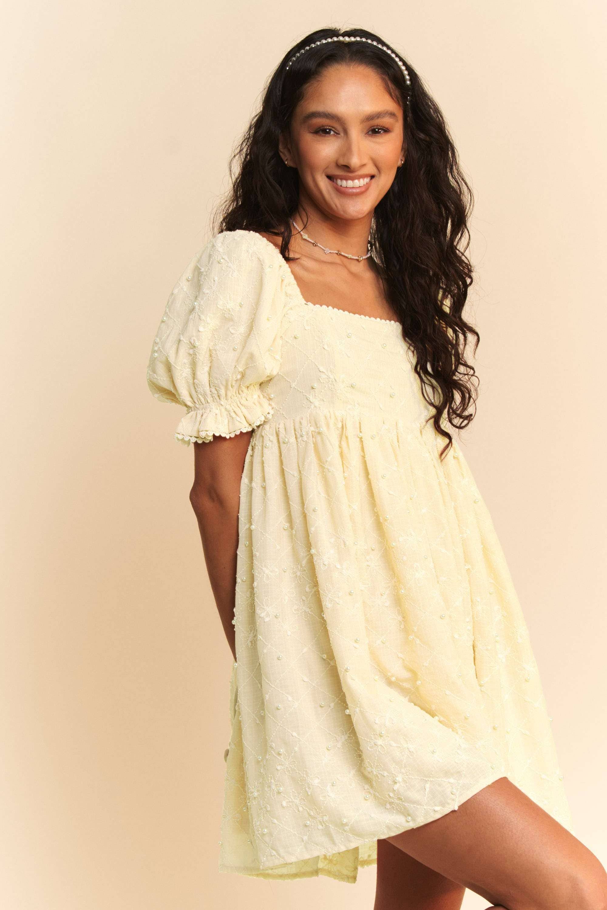 Puff Sleeve Floral & Pearl Detail Mini Dress