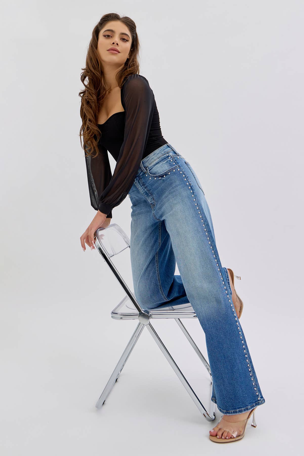 High Rise Studded Wide Leg Jeans
