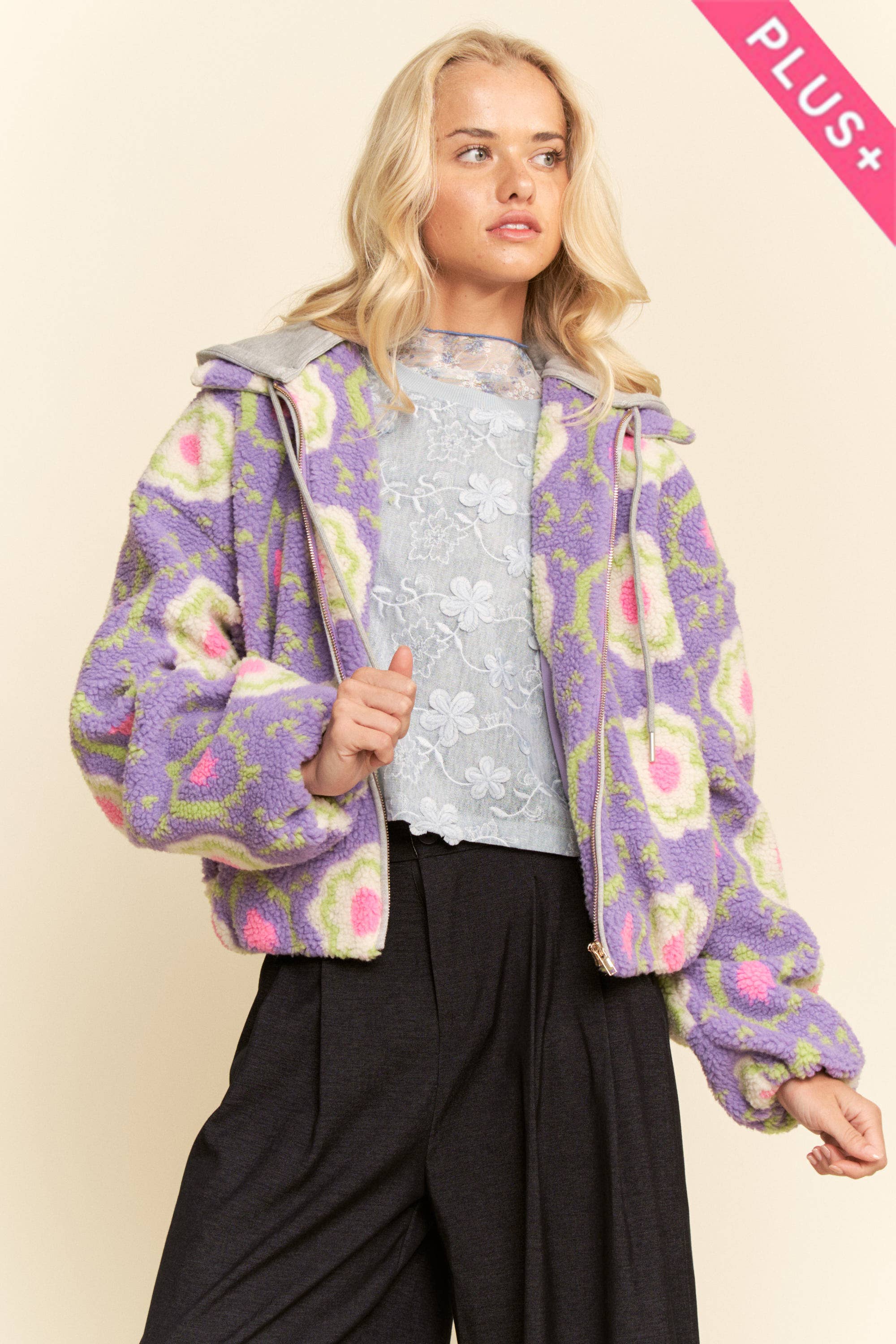Purple Floral Sherpa Zip Jacket (Plus)