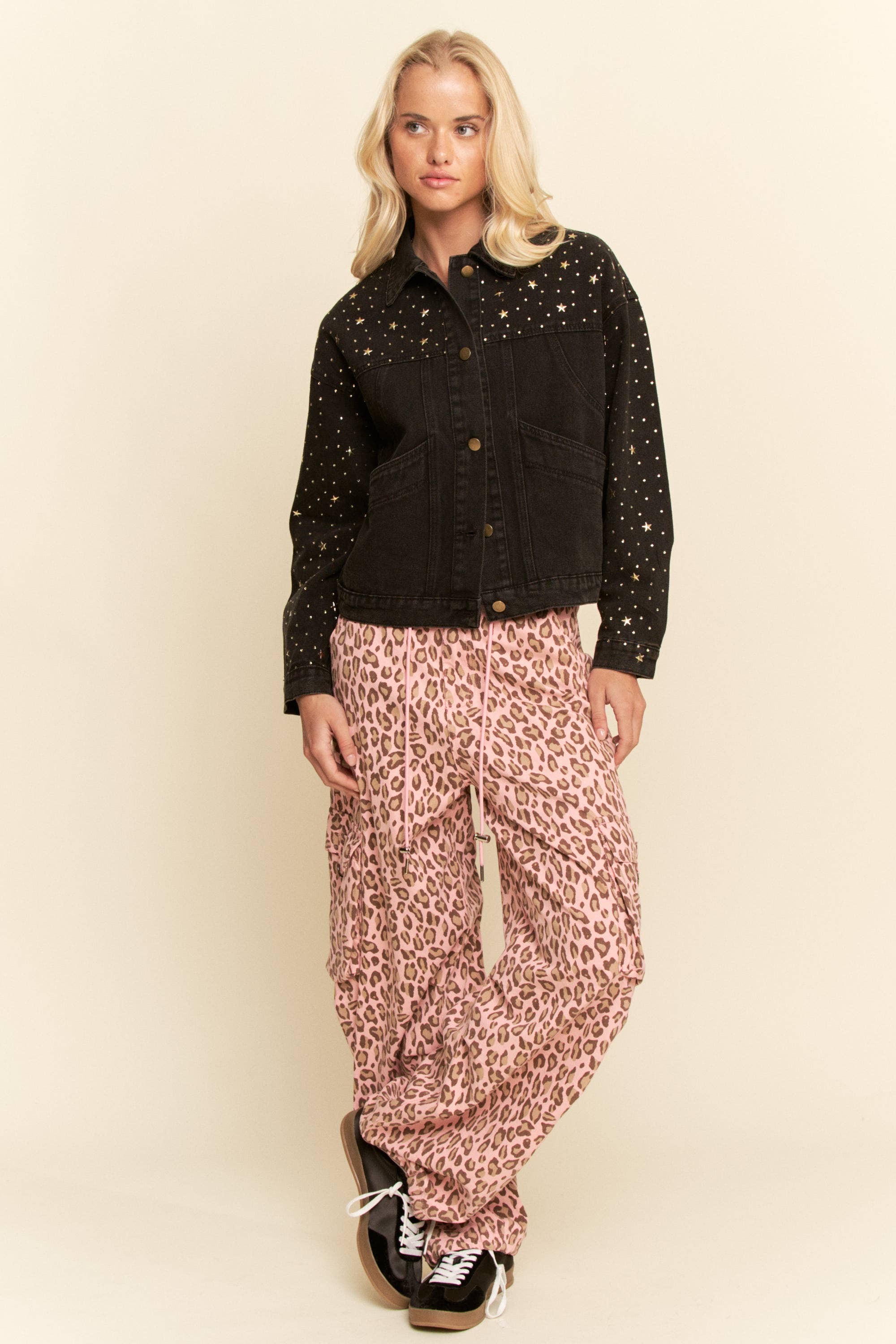 Washed Leopard Elastic Waist Jeans