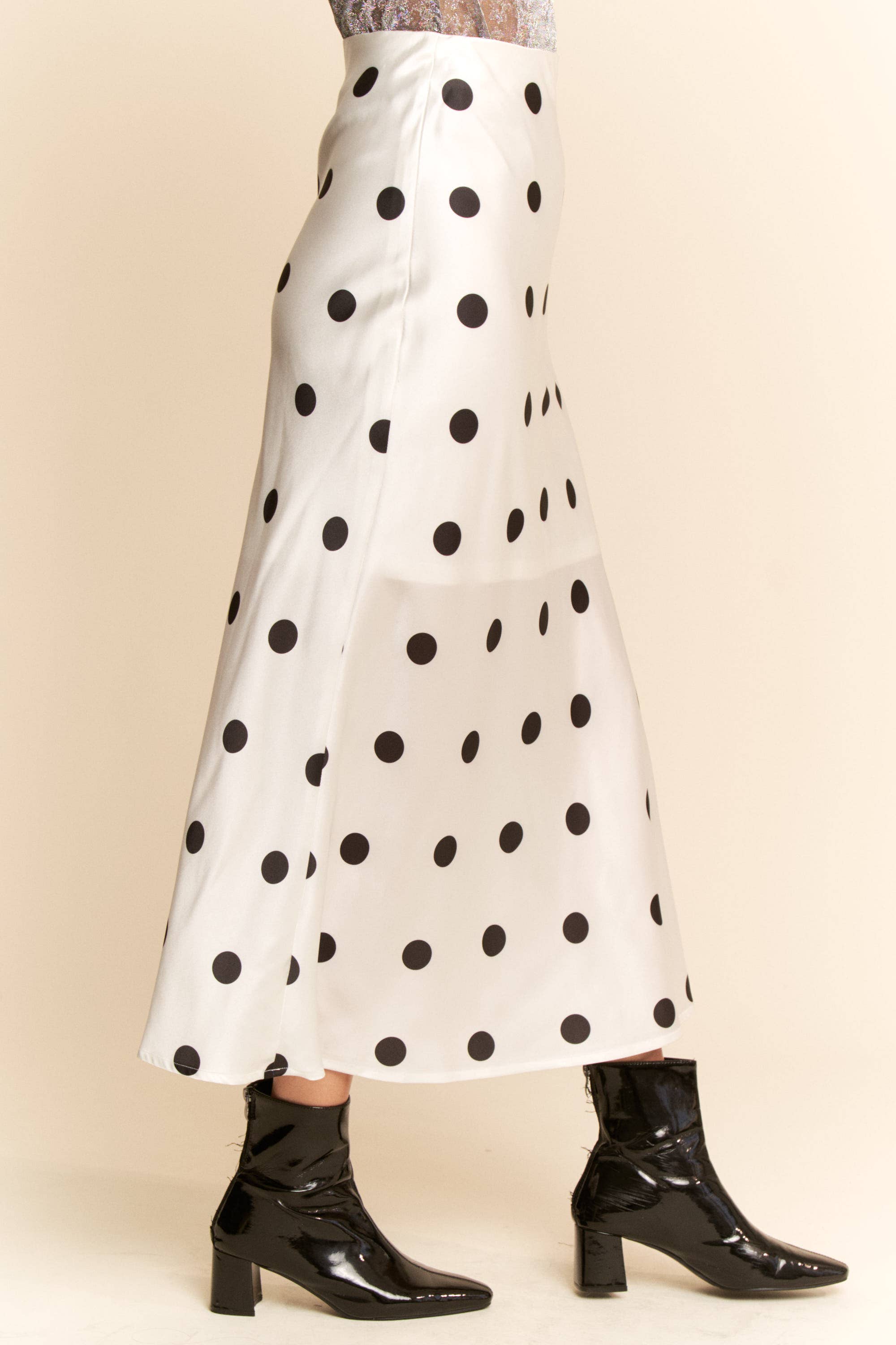 White & Black Polka Satin Dot Midi Skirt