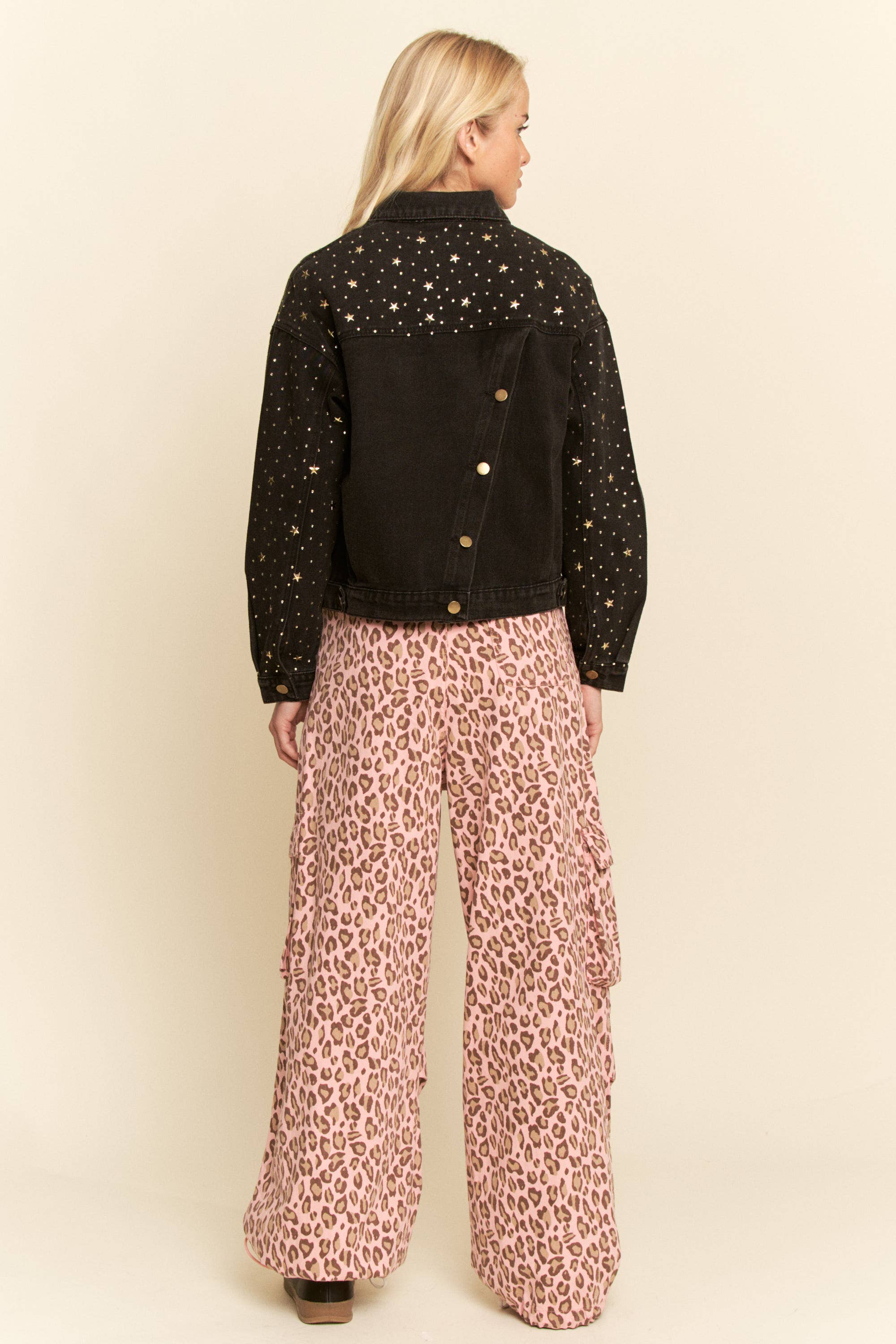 Washed Leopard Elastic Waist Jeans