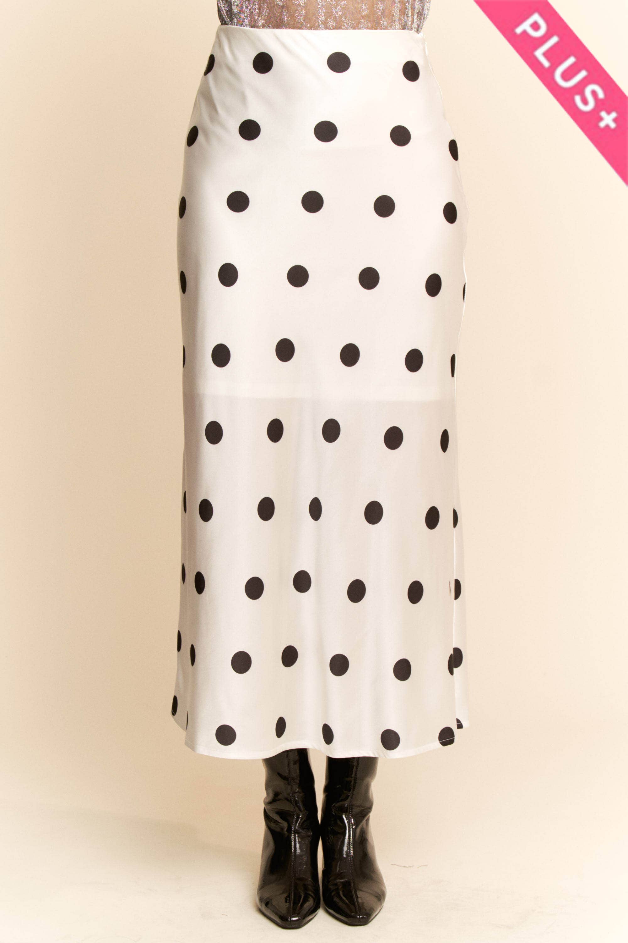 White & Black Polka Satin Dot Midi Skirt (Plus)