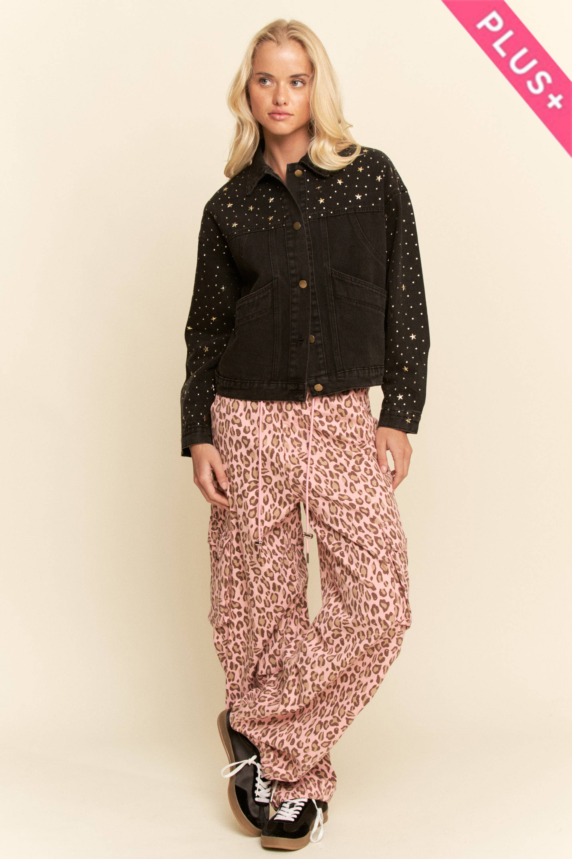 Washed Leopard Elastic Waist Jeans (Plus)