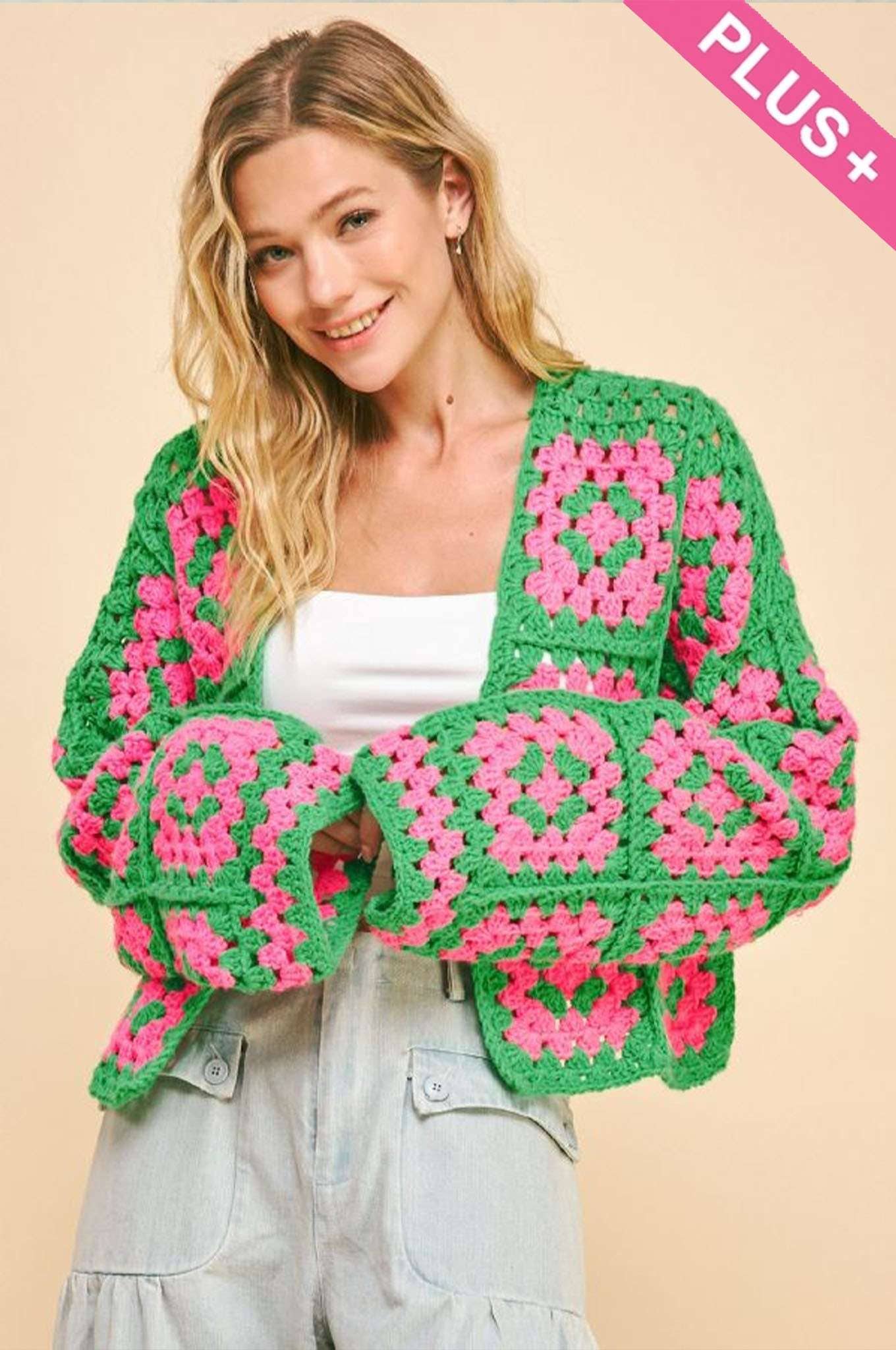 Two Tone Floral Square Crochet Open Knit Cardigan (Plus)