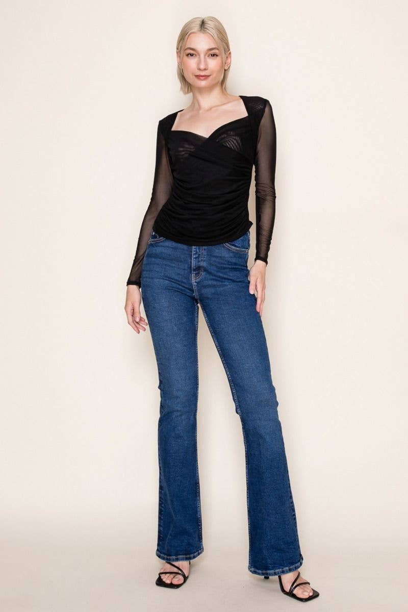 Long Sleeve Black Wrap Top With Mesh Sleeves