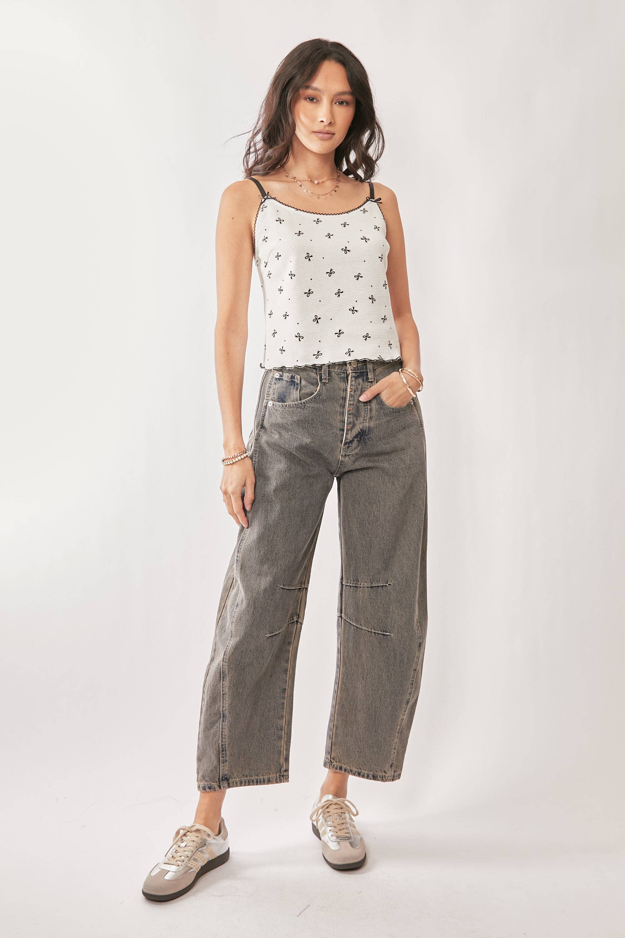 Lace Detail Bow Printed Waffle Knit Cami