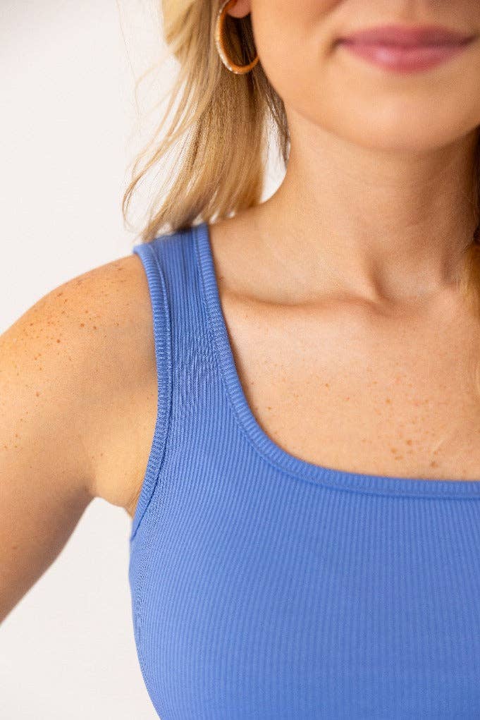 Square Neck Rib Knit Tank Top, Blue