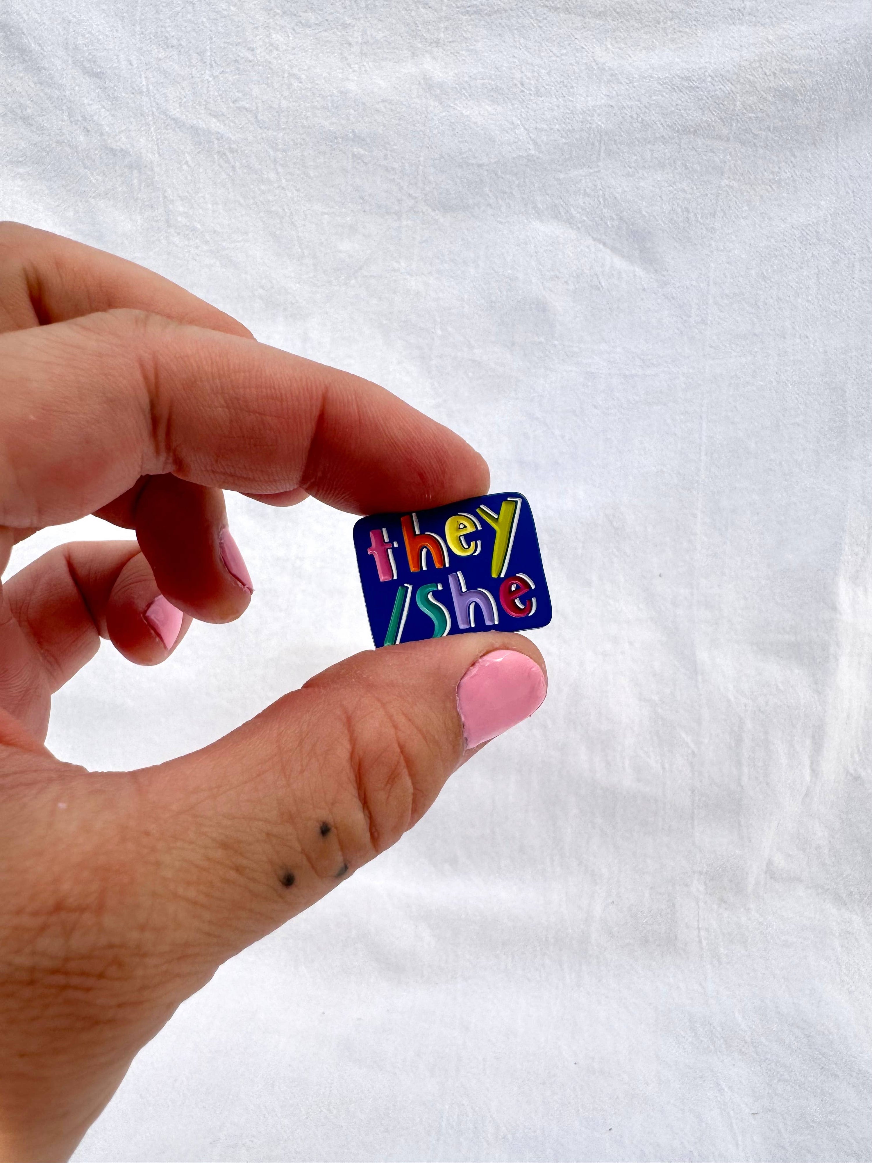 Blue & Rainbow 1-inch pronoun pins!