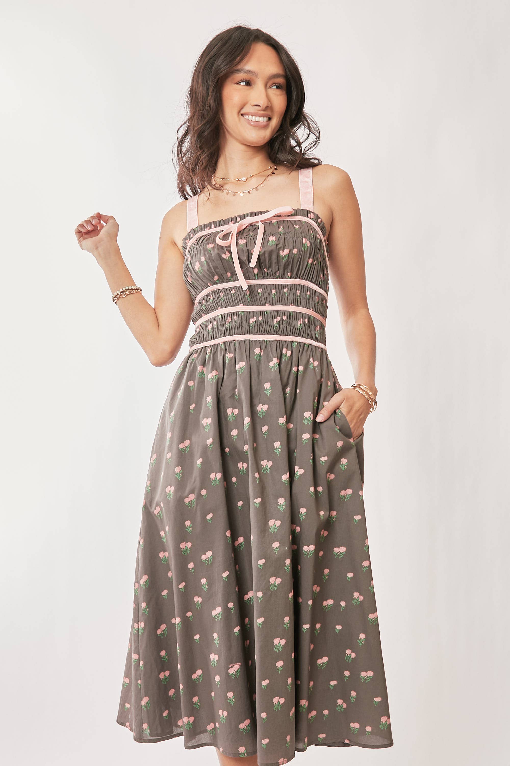 Contrast Velvet Smocking Bodice Midi Dress