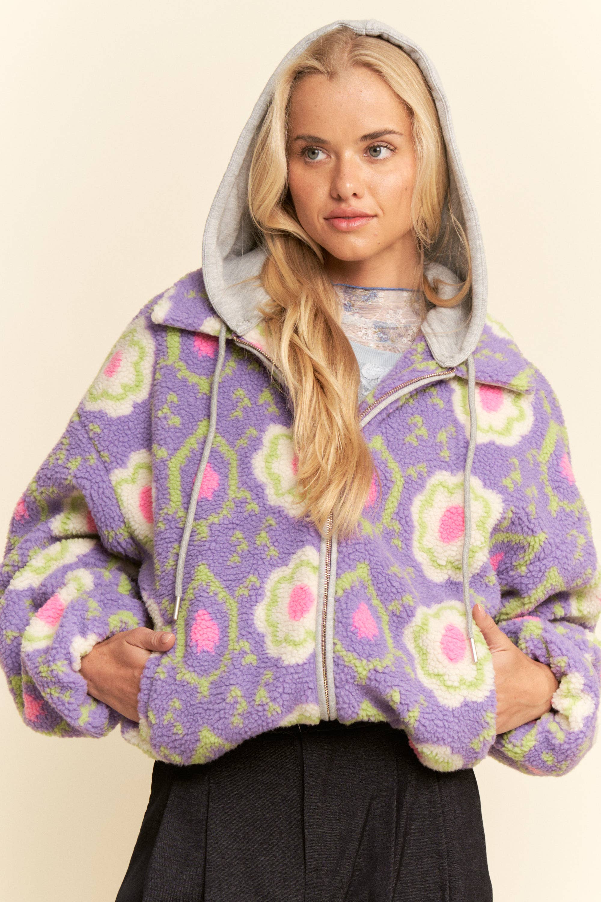 Purple Floral Sherpa Zip Jacket