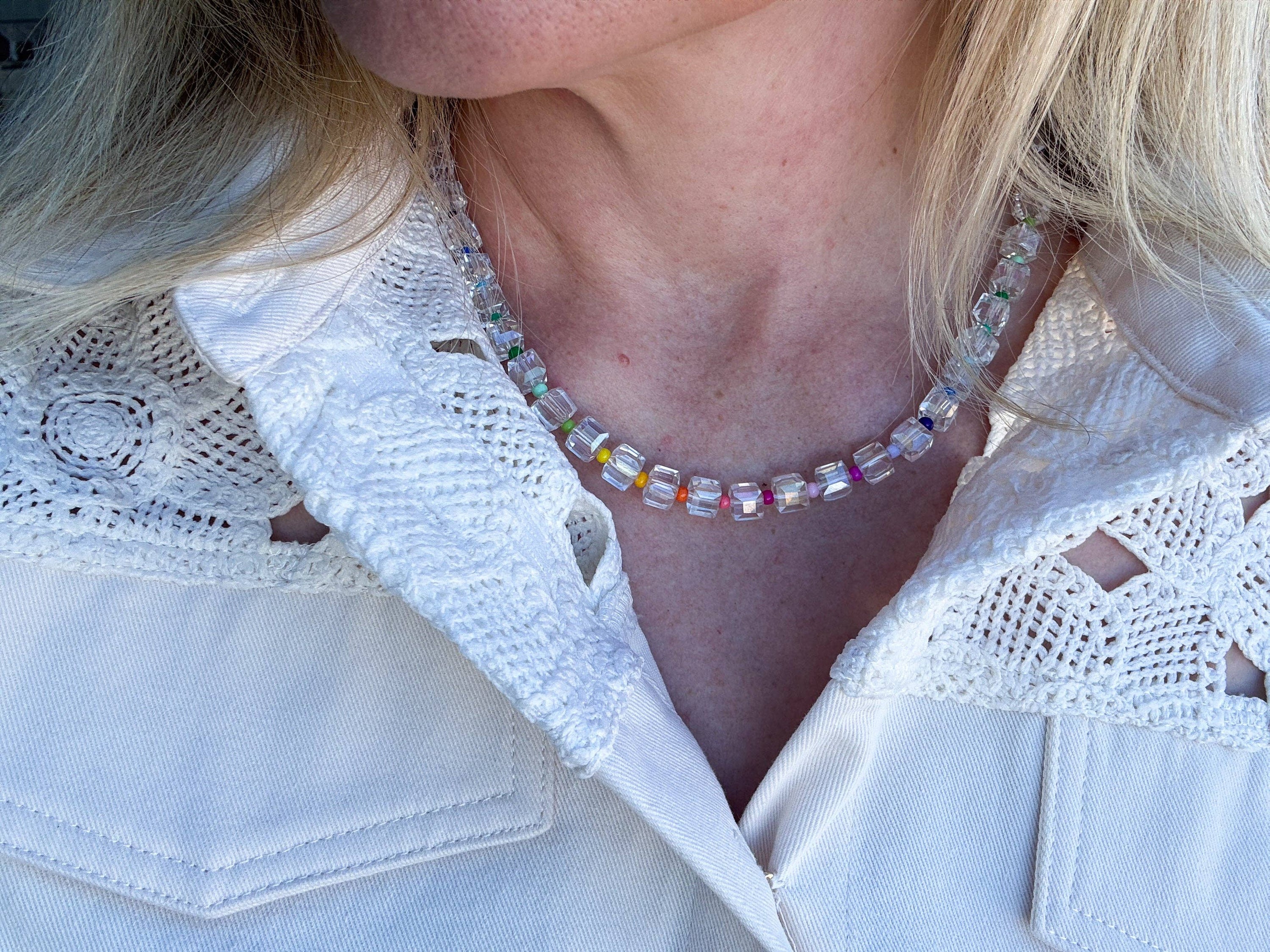 Beaded Necklace - Clear + Multi-Colored - Jenn