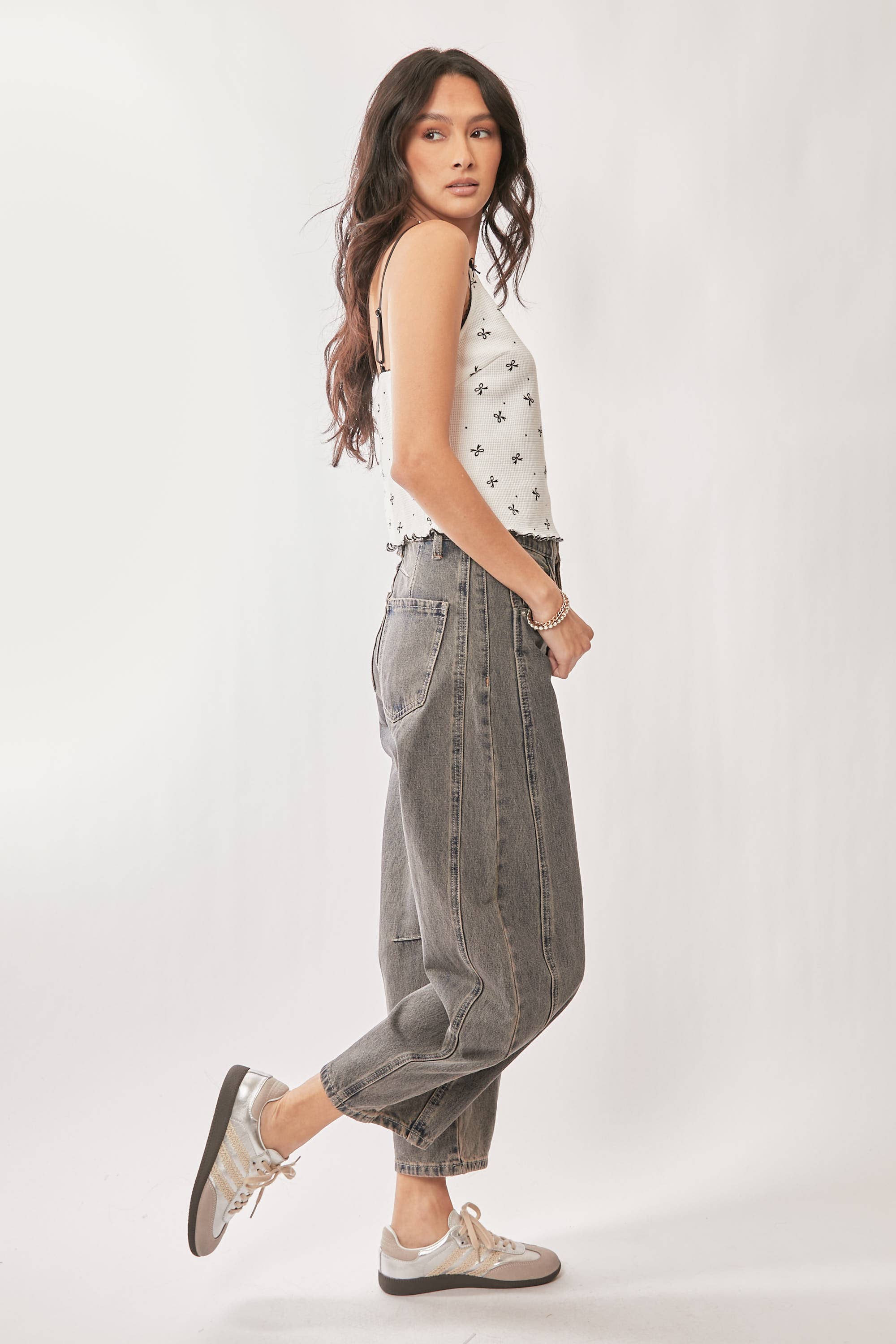 Lace Detail Bow Printed Waffle Knit Cami