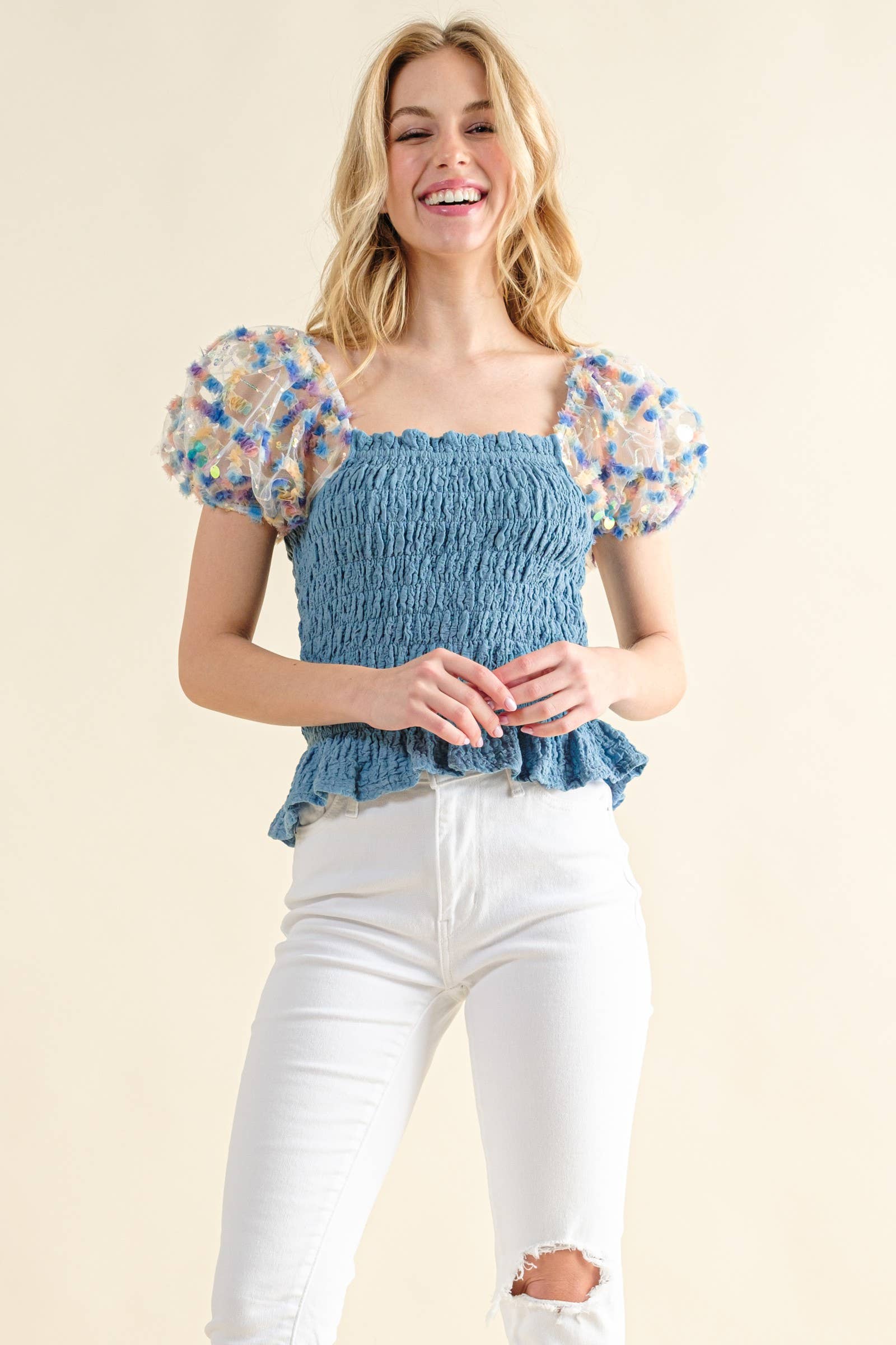 Embellishment Sleeve Smocked Top