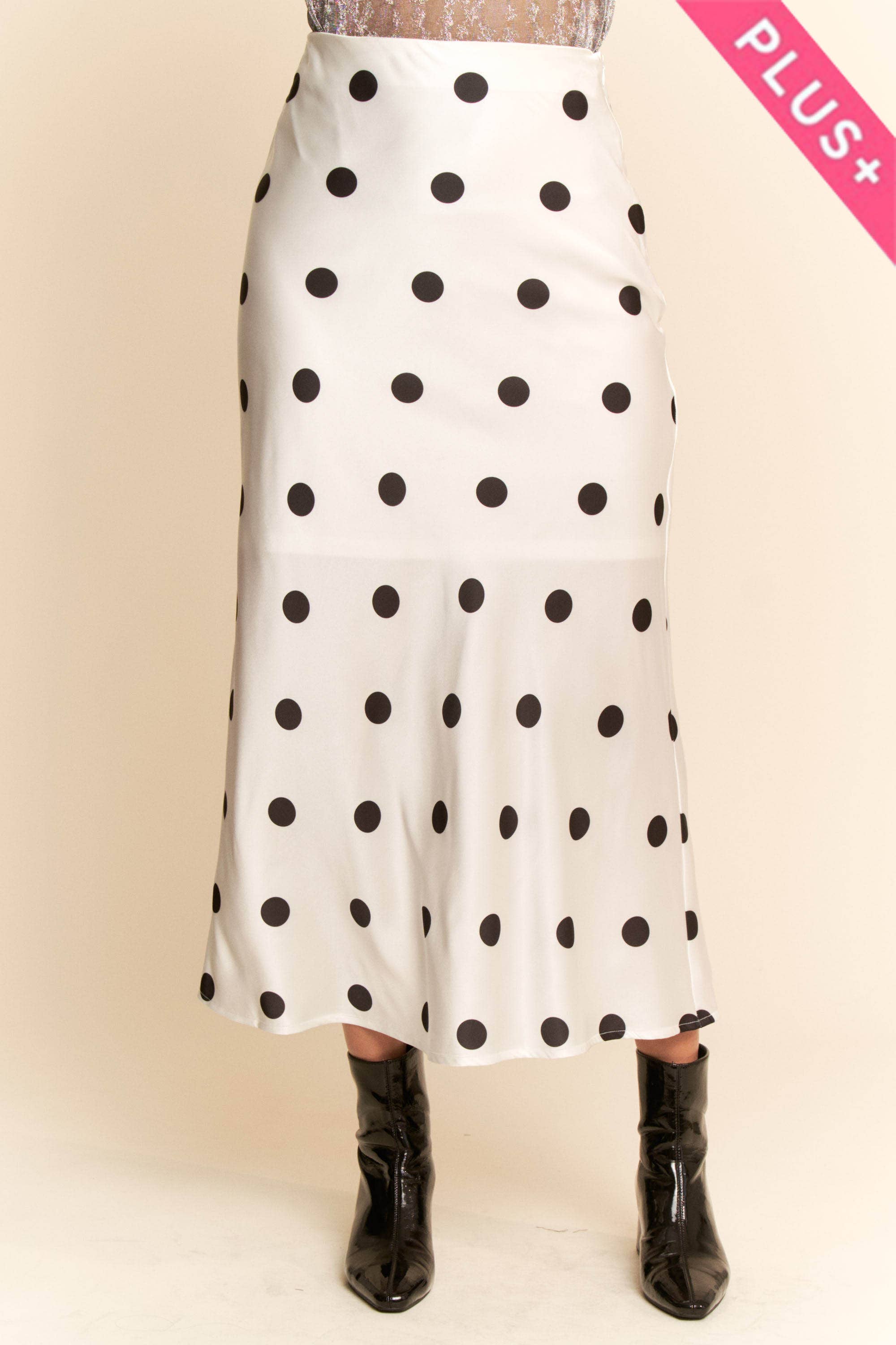 White & Black Polka Satin Dot Midi Skirt (Plus)