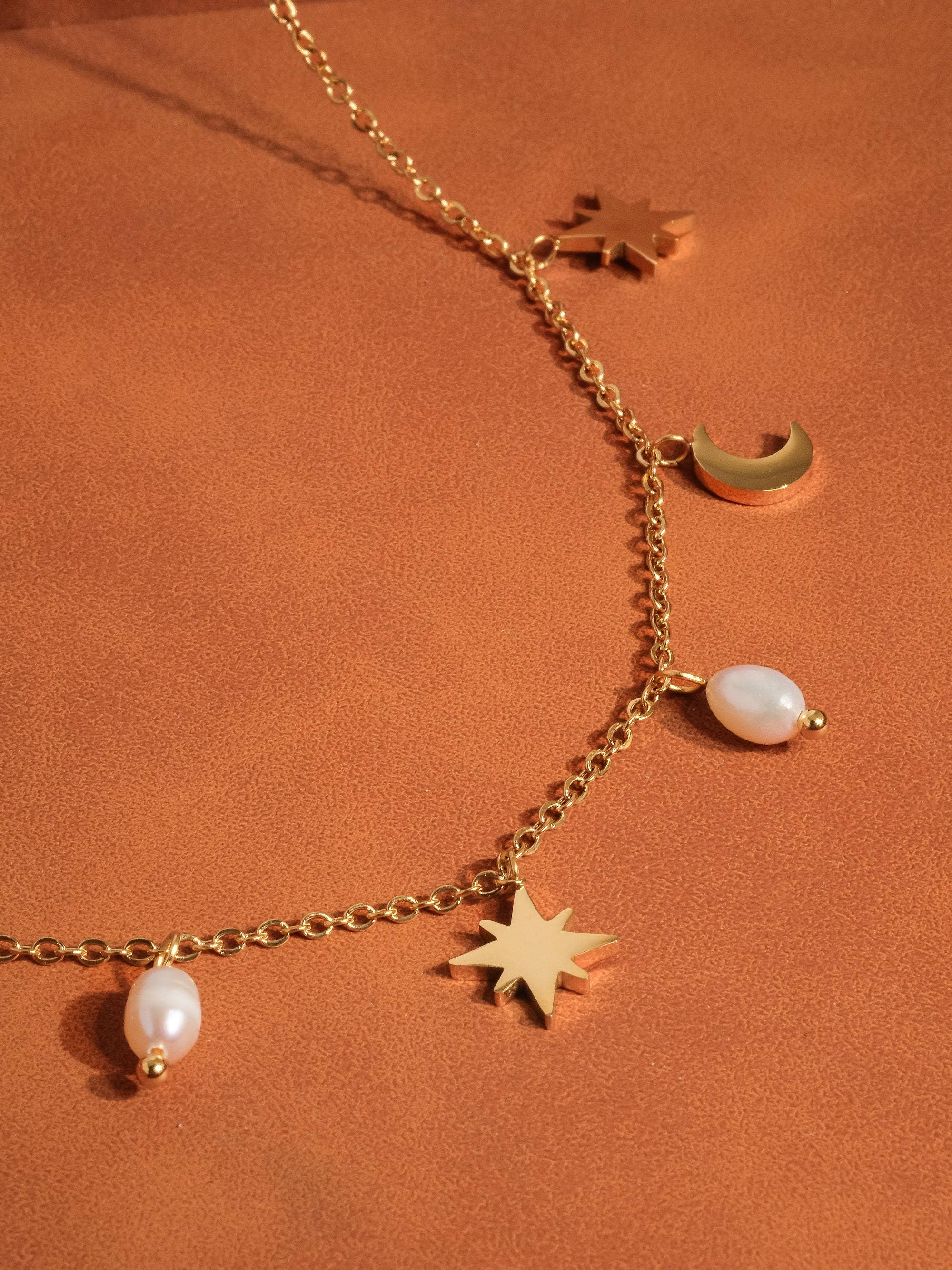 Amaury 18K Gold Non-Tarnish Pearl Moon and Star Choker