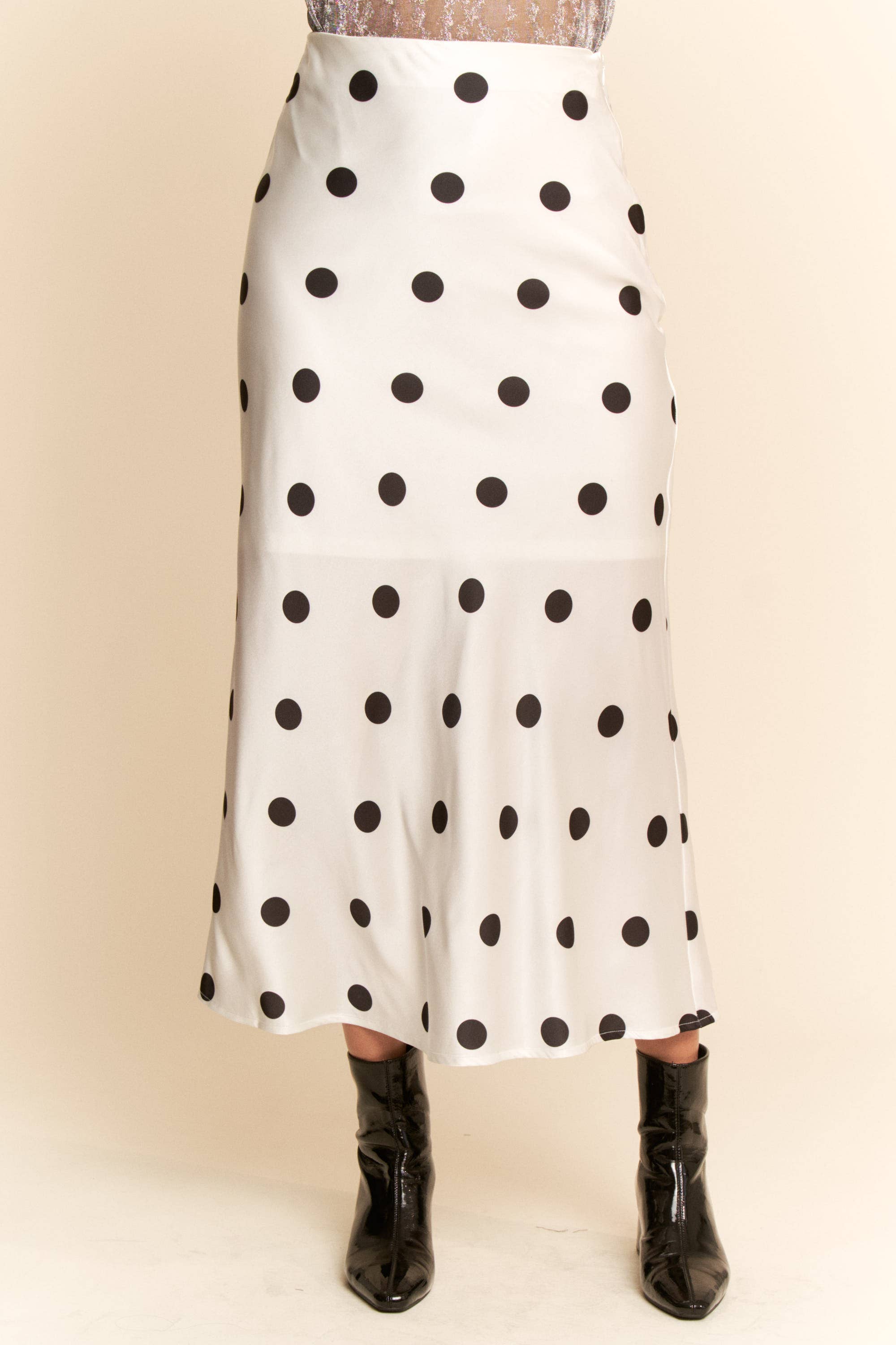 White & Black Polka Satin Dot Midi Skirt