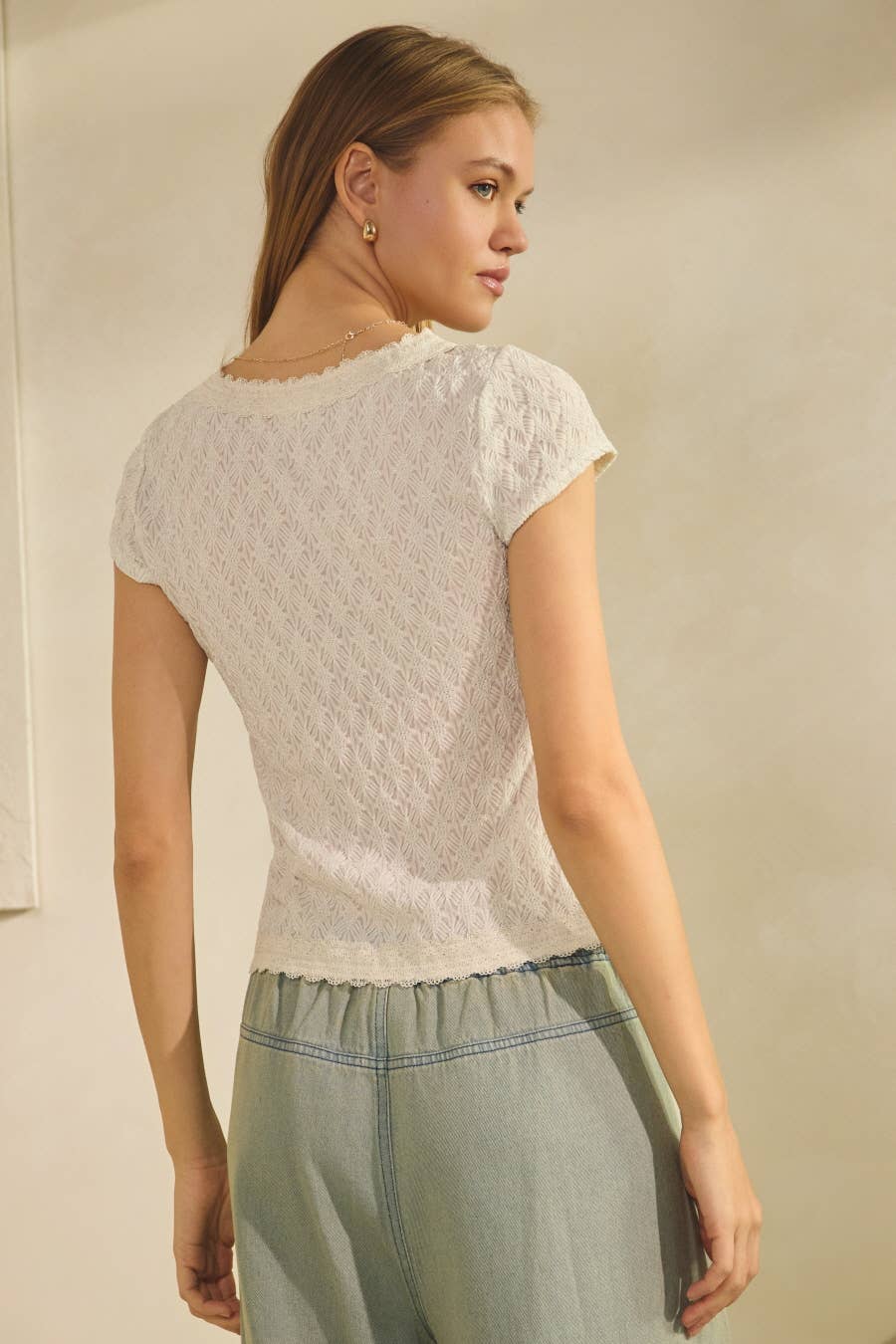 Shimmering Open-knit Short-sleeve Cardigan (Plus)