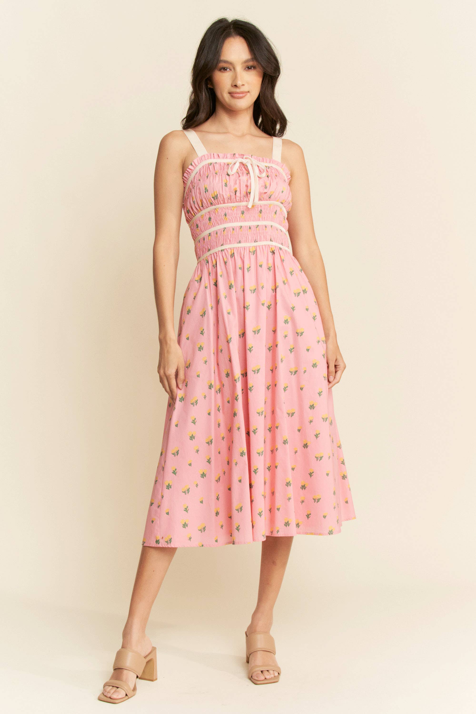 Contrast Velvet Smocking Bodice Midi Dress