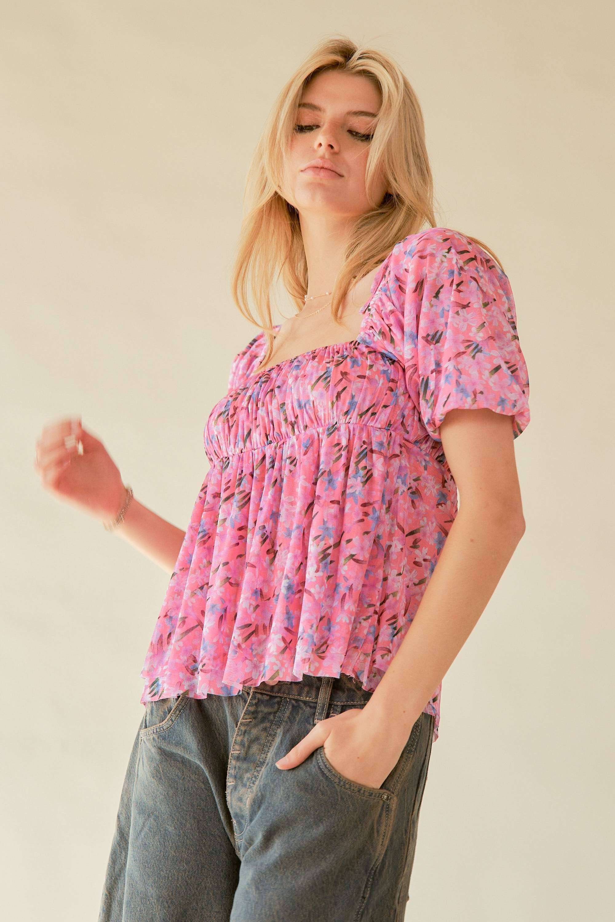 Floral Printed Puff Double Layered Mesh Blouse