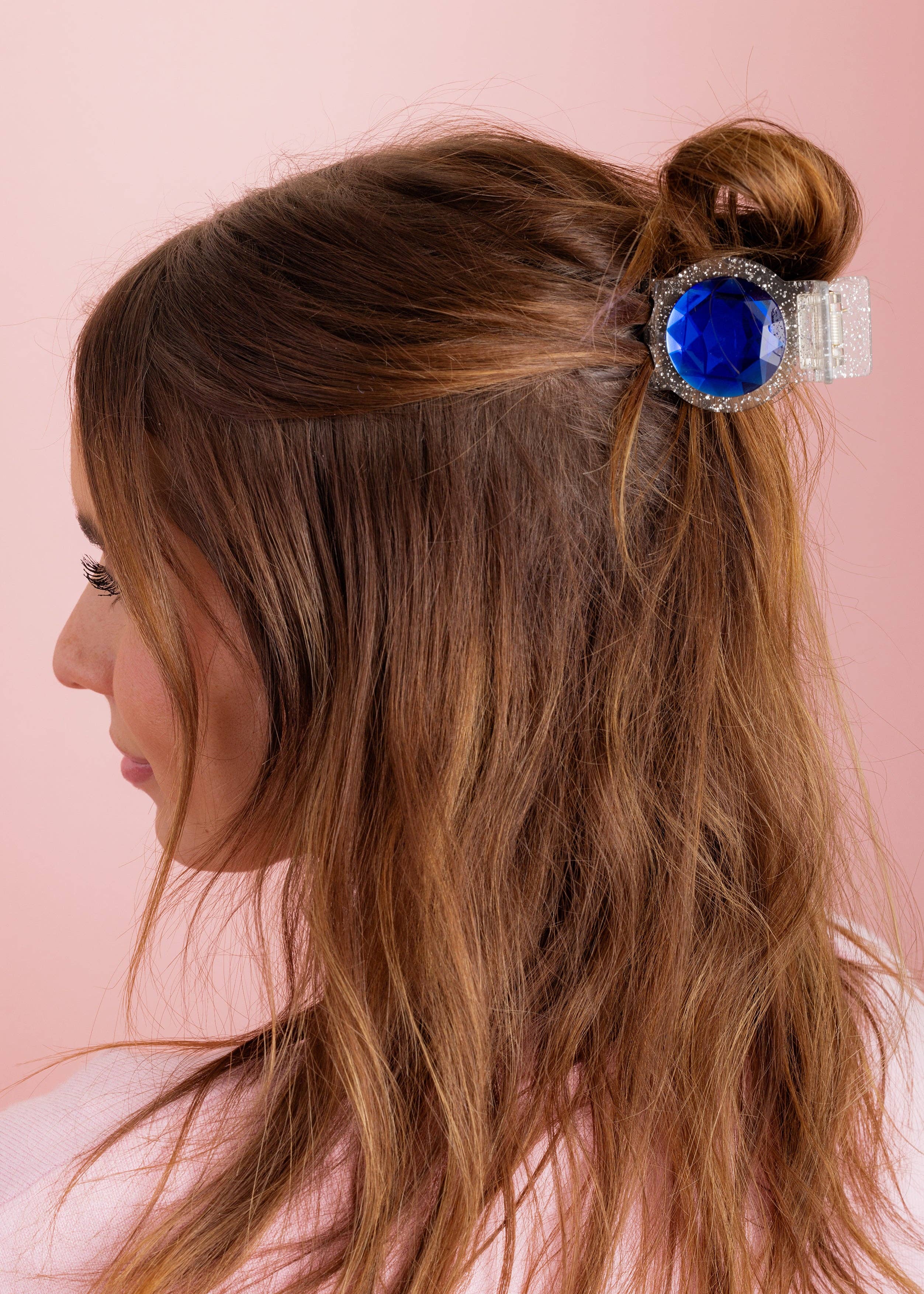 Claw Hair Clip - Sm - Silver Glitter w/Blue Circle Gemstones