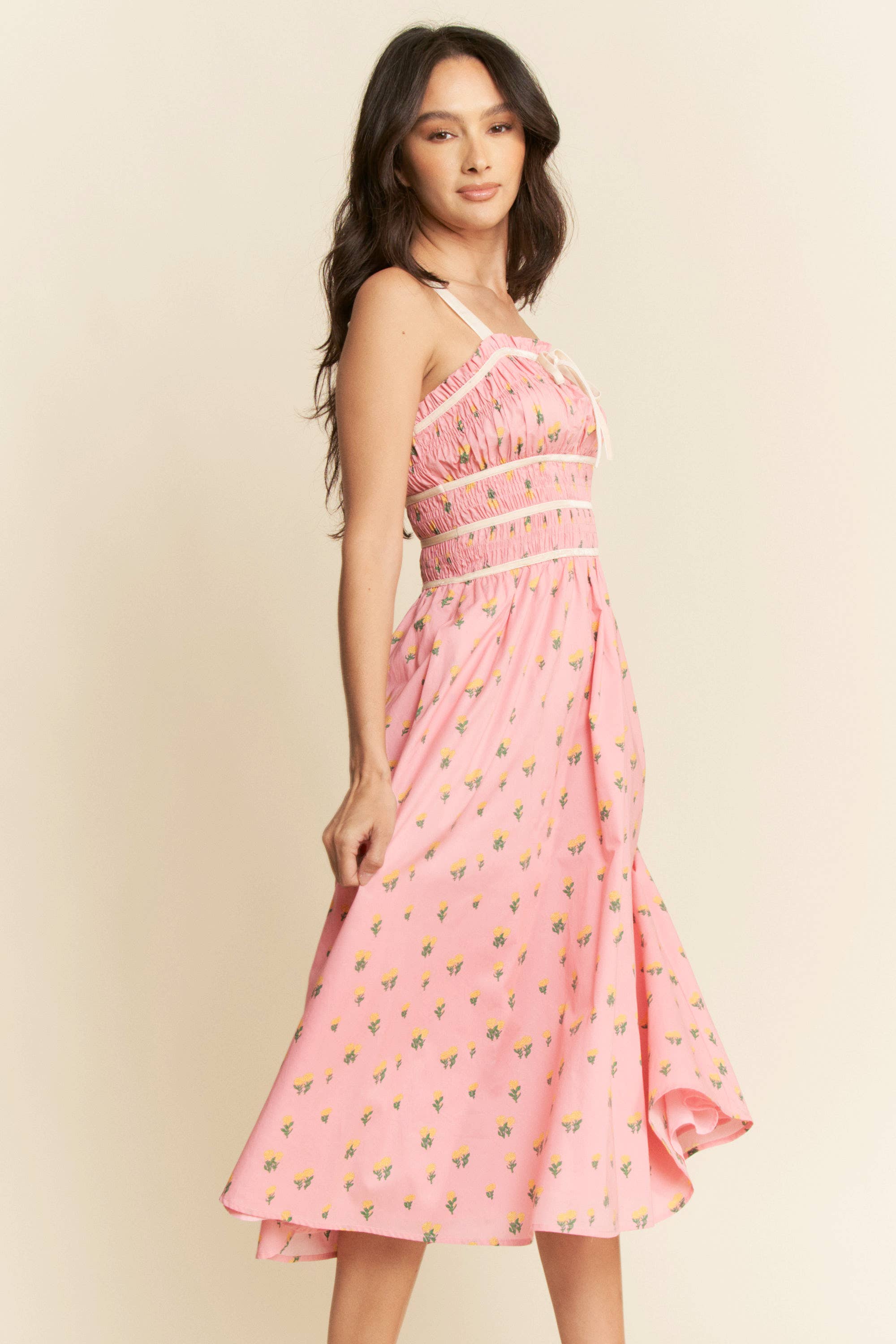 Contrast Velvet Smocking Bodice Midi Dress