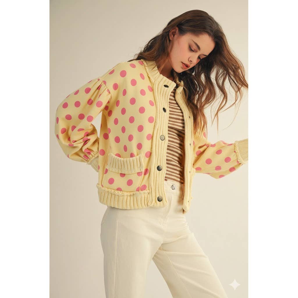 Polka Dot Vintage Ribbed Knit Trim Cardigan Jacket