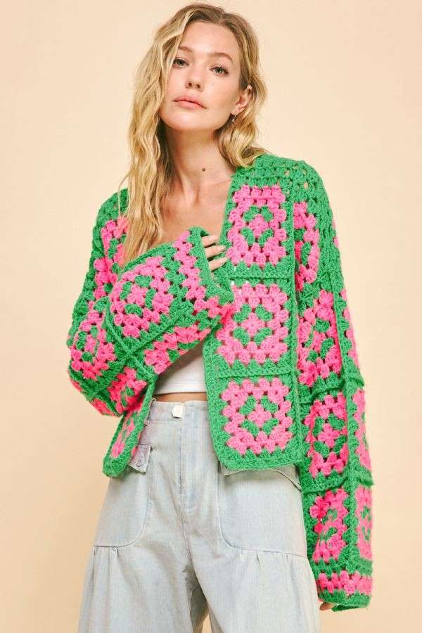 Two Tone Floral Square Crochet Open Knit Cardigan