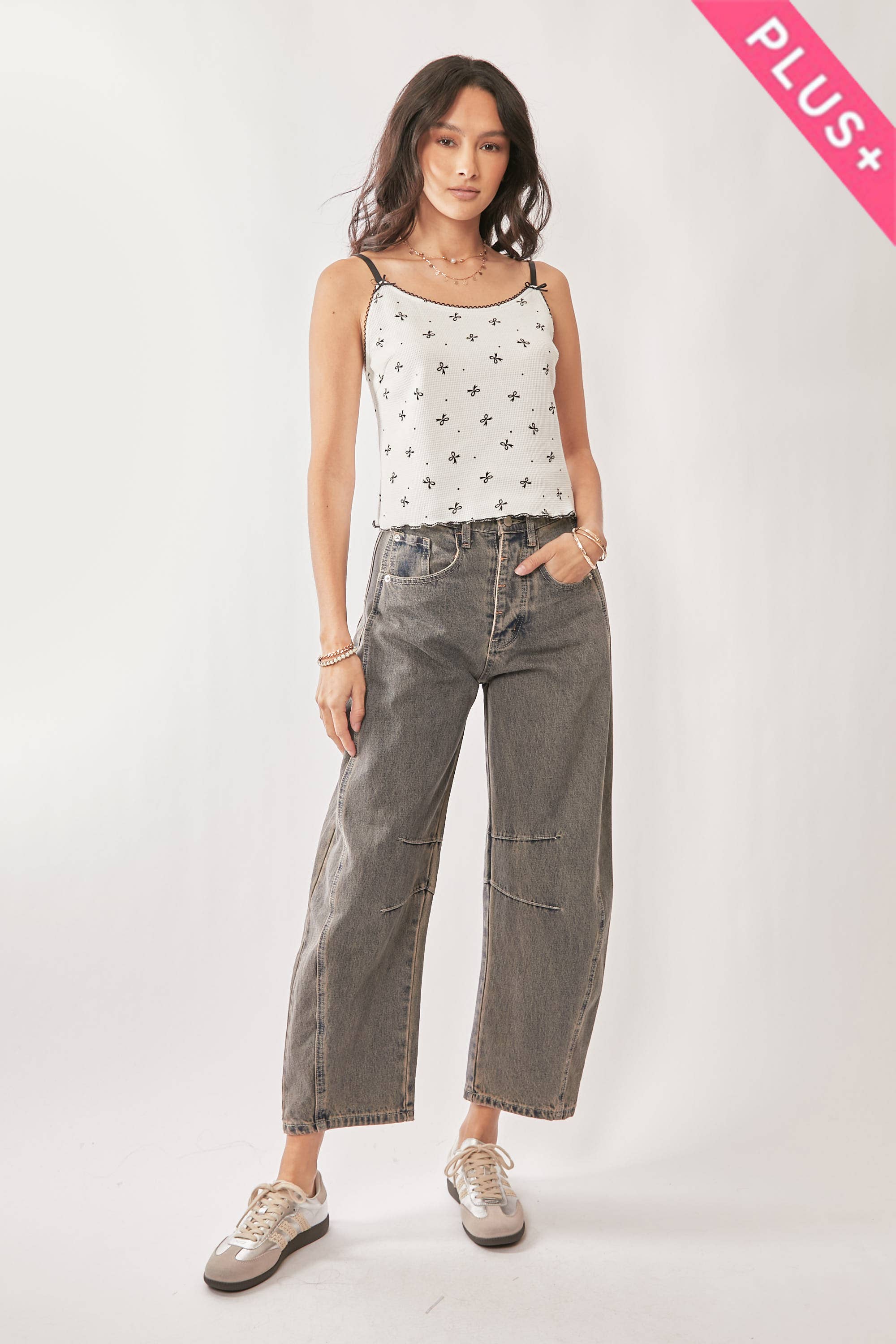 Lace Detail Bow Printed Waffle Knit Cami (Plus)