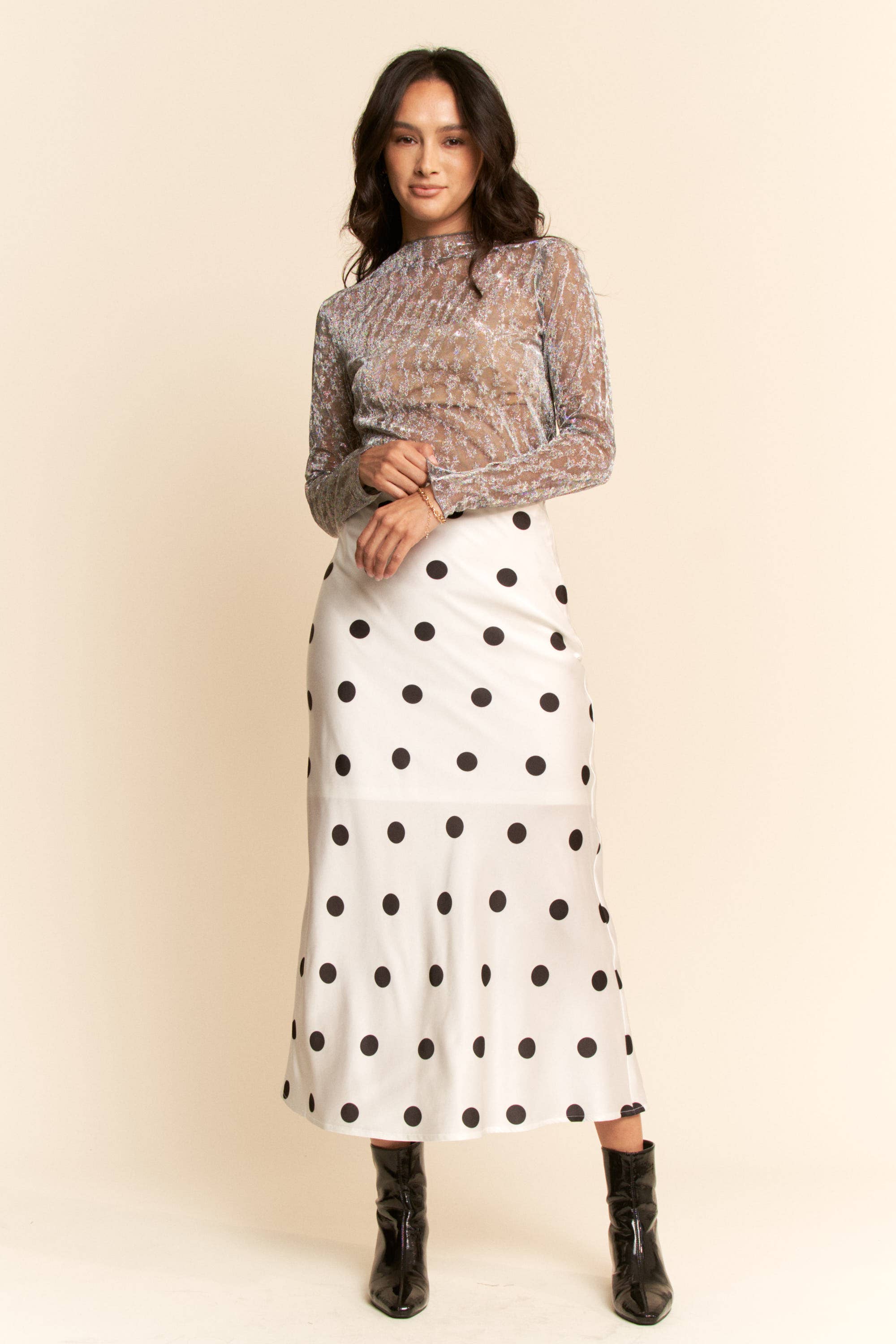 White & Black Polka Satin Dot Midi Skirt