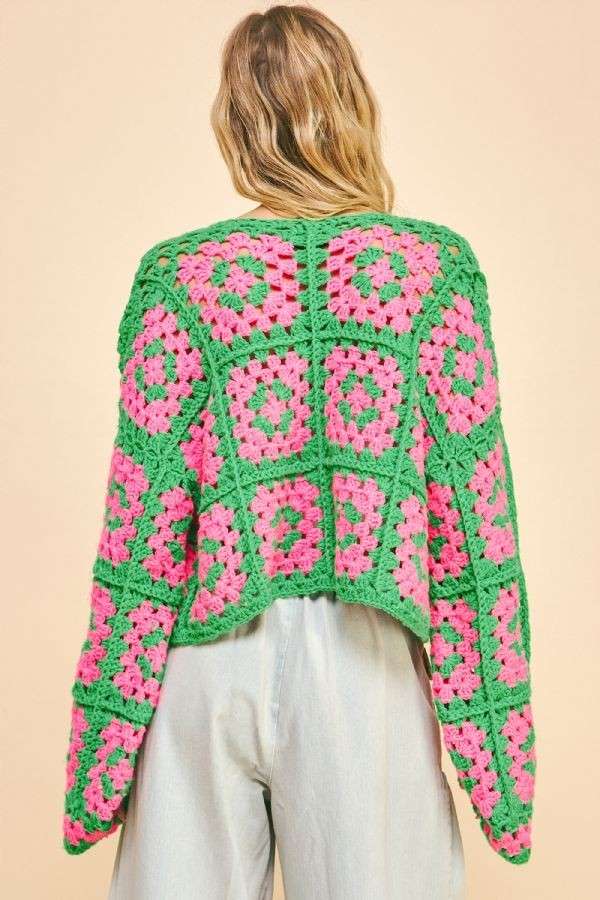 Two Tone Floral Square Crochet Open Knit Cardigan (Plus)