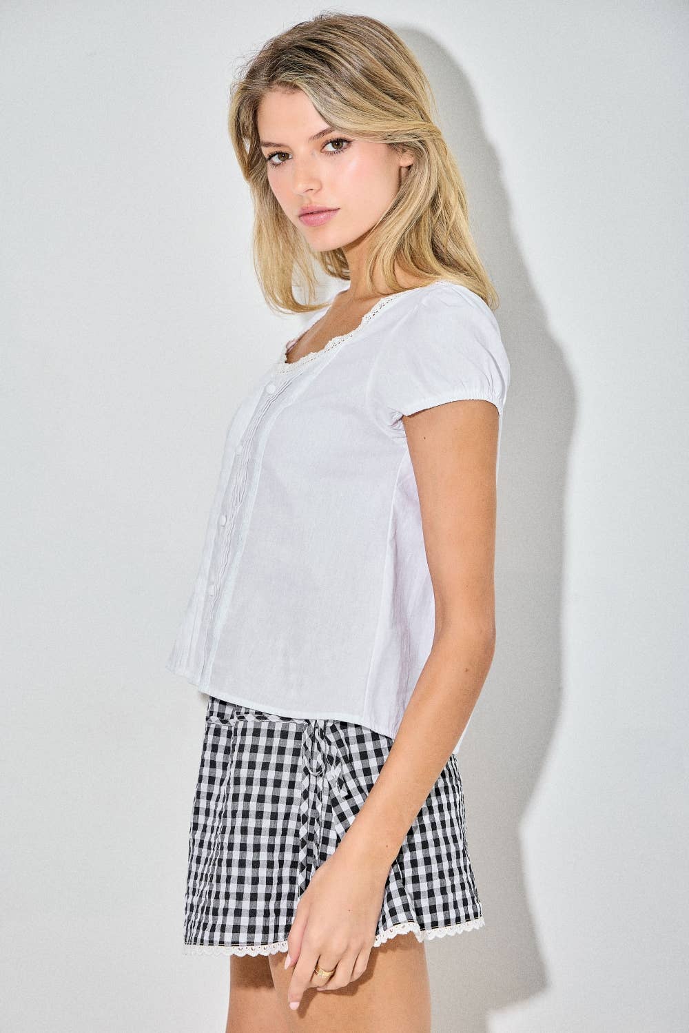 Pintuck Pleated Button-Front Shell Top