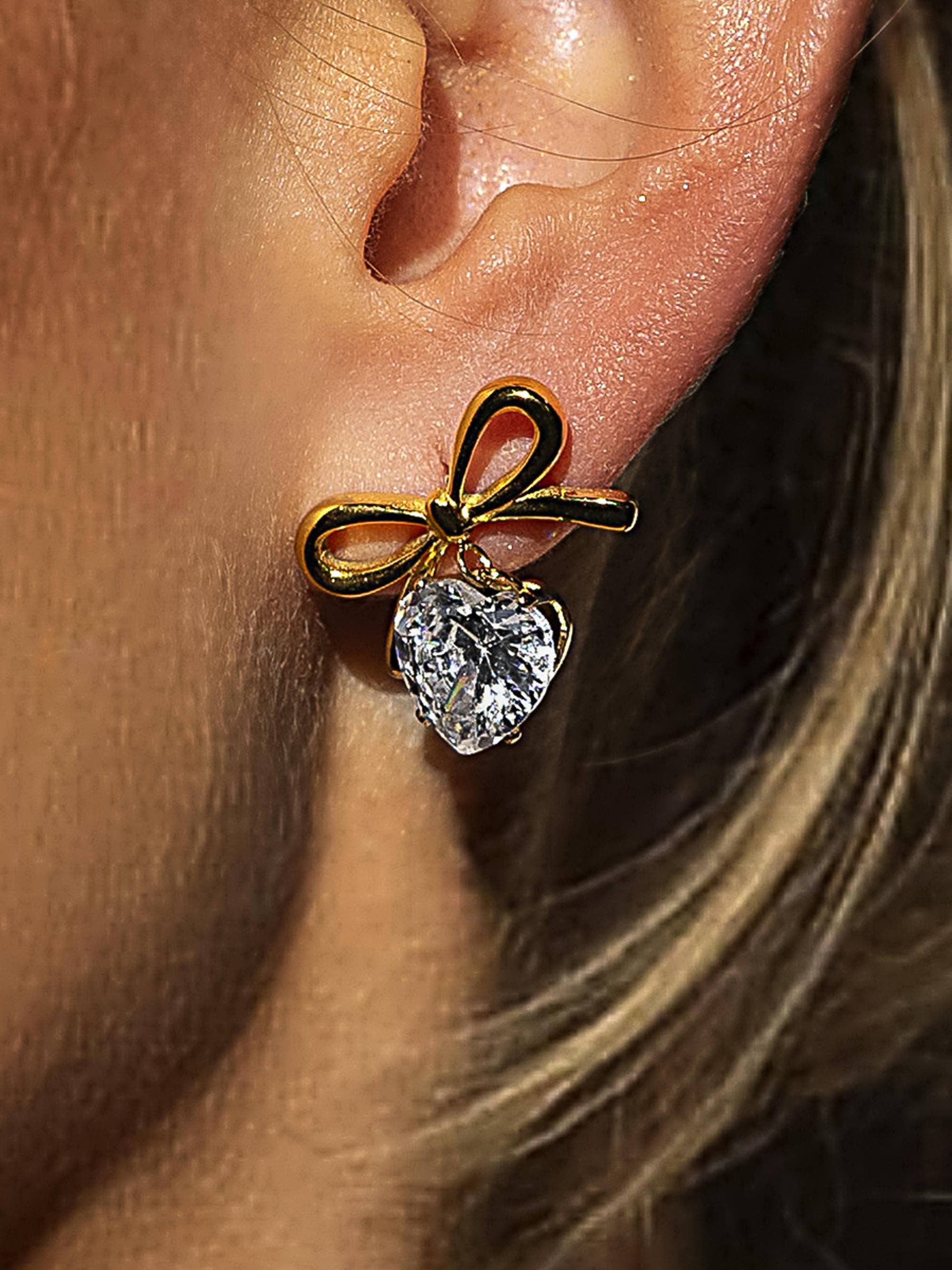 Melonie 18K Gold Non-Tarnish CZ Heart & Bow Earring
