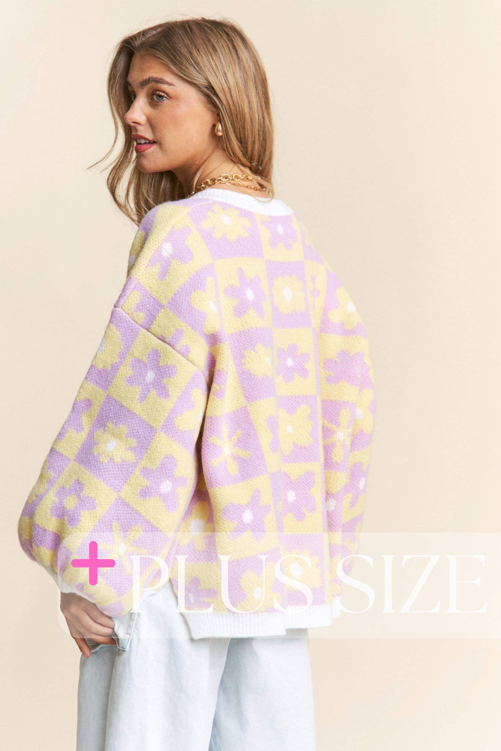 Floral Checkered Knit V Neck Sweater S-L / 1X-3X