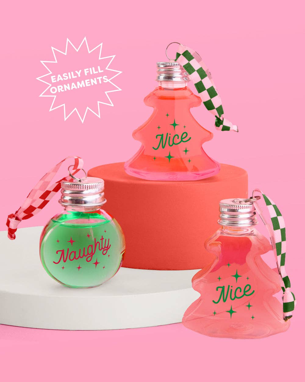 Christmas Spirit Ornaments - 10 shot glass ornaments, Christmas Party, Team Nice/Naughty