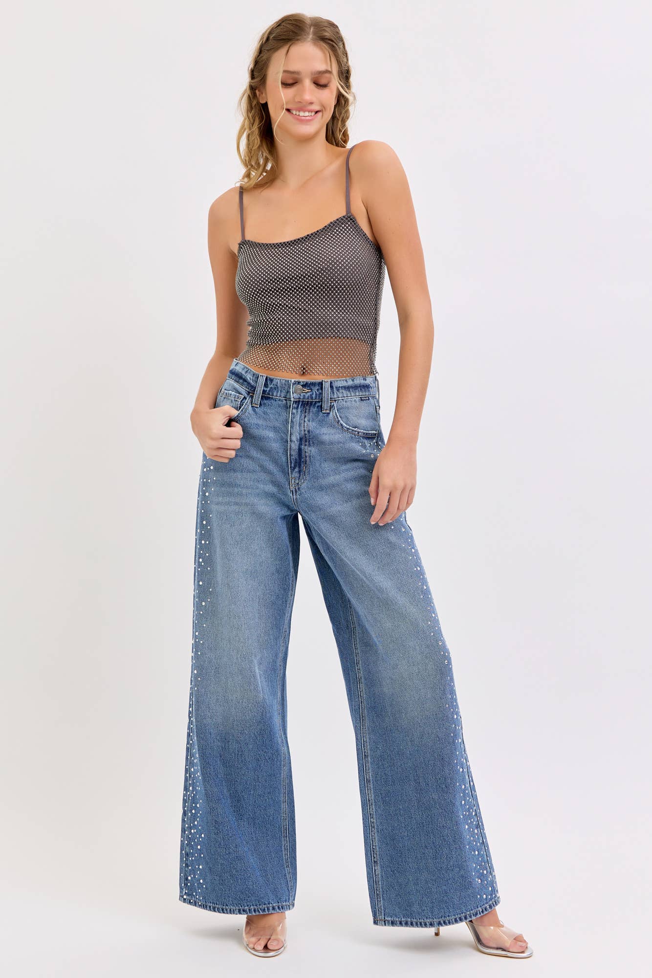 High Rise Wide Leg with Rhinestone Sides