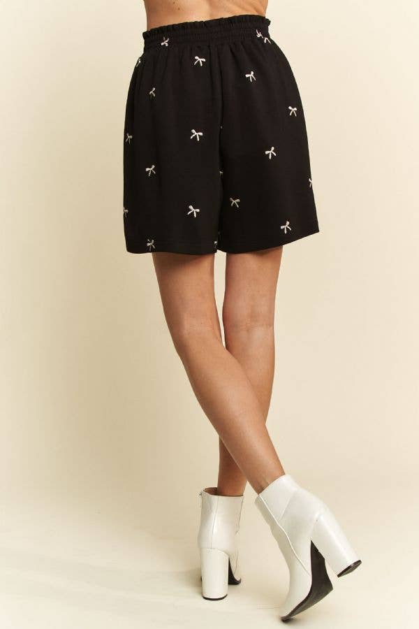 Ribbon Embroidery Elastic Waist Sweat Shorts