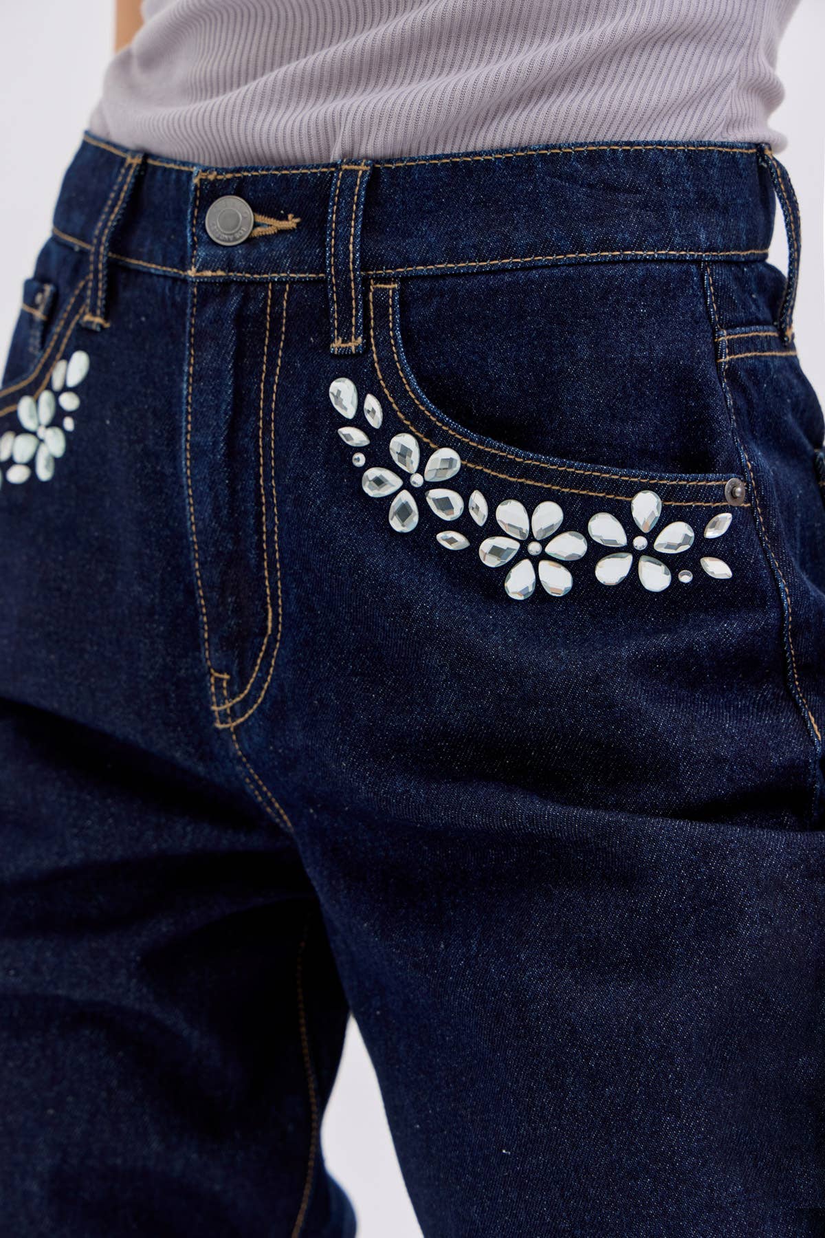 Dark Wash High Rise Wide Leg with Rhinestone Pocket Detail