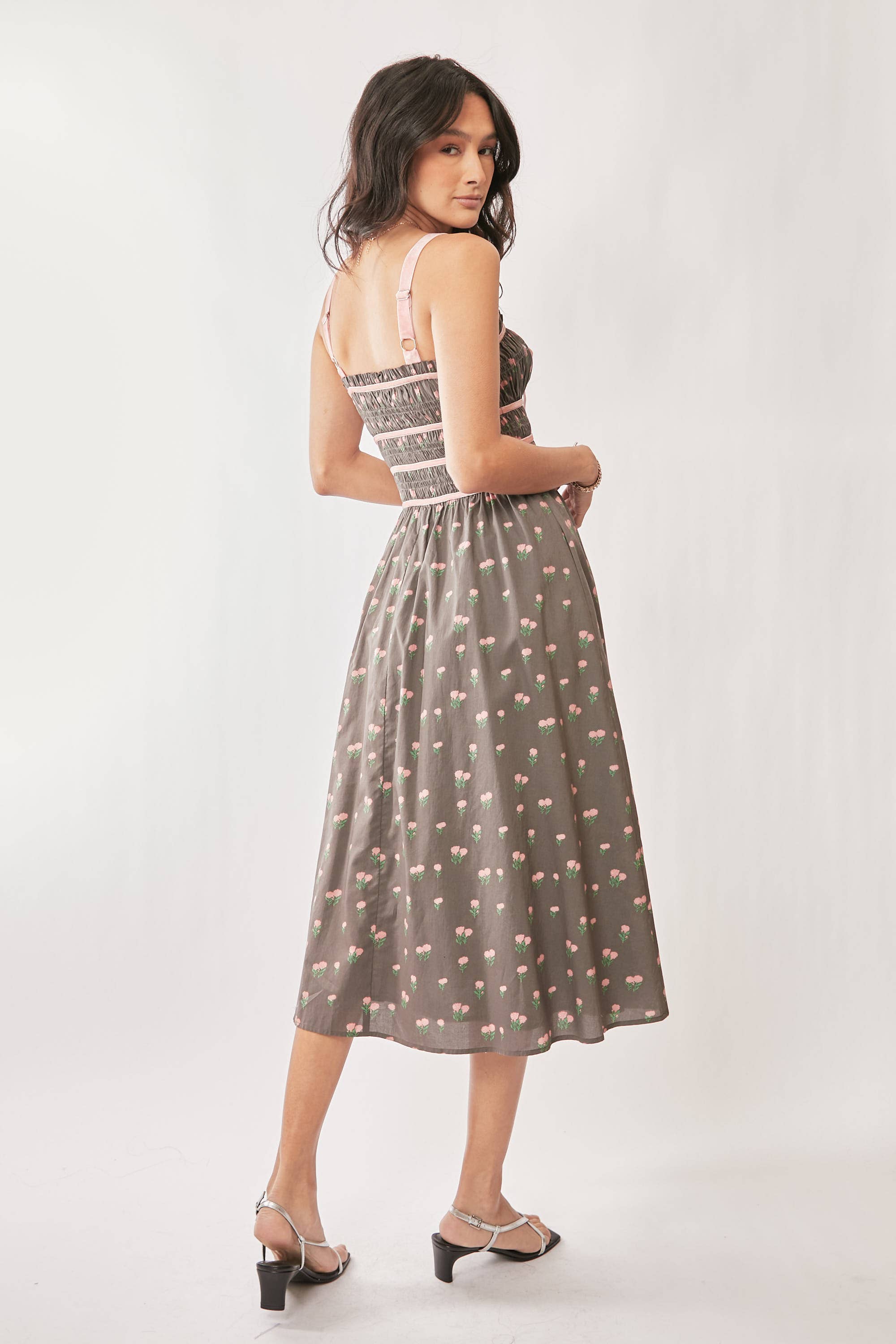 Contrast Velvet Smocking Bodice Midi Dress