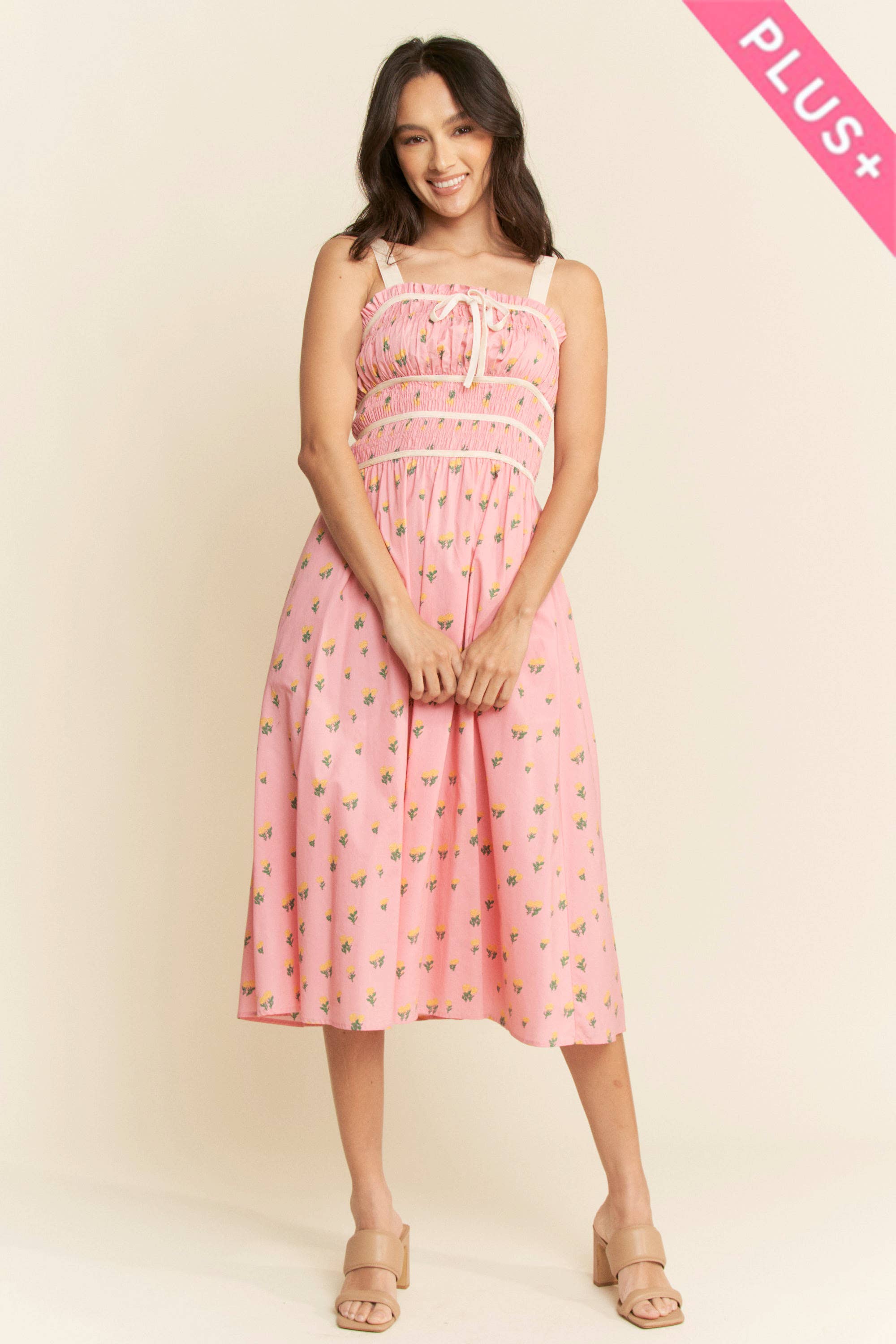 Contrast Velvet Smocking Bodice Midi Dress (Plus)
