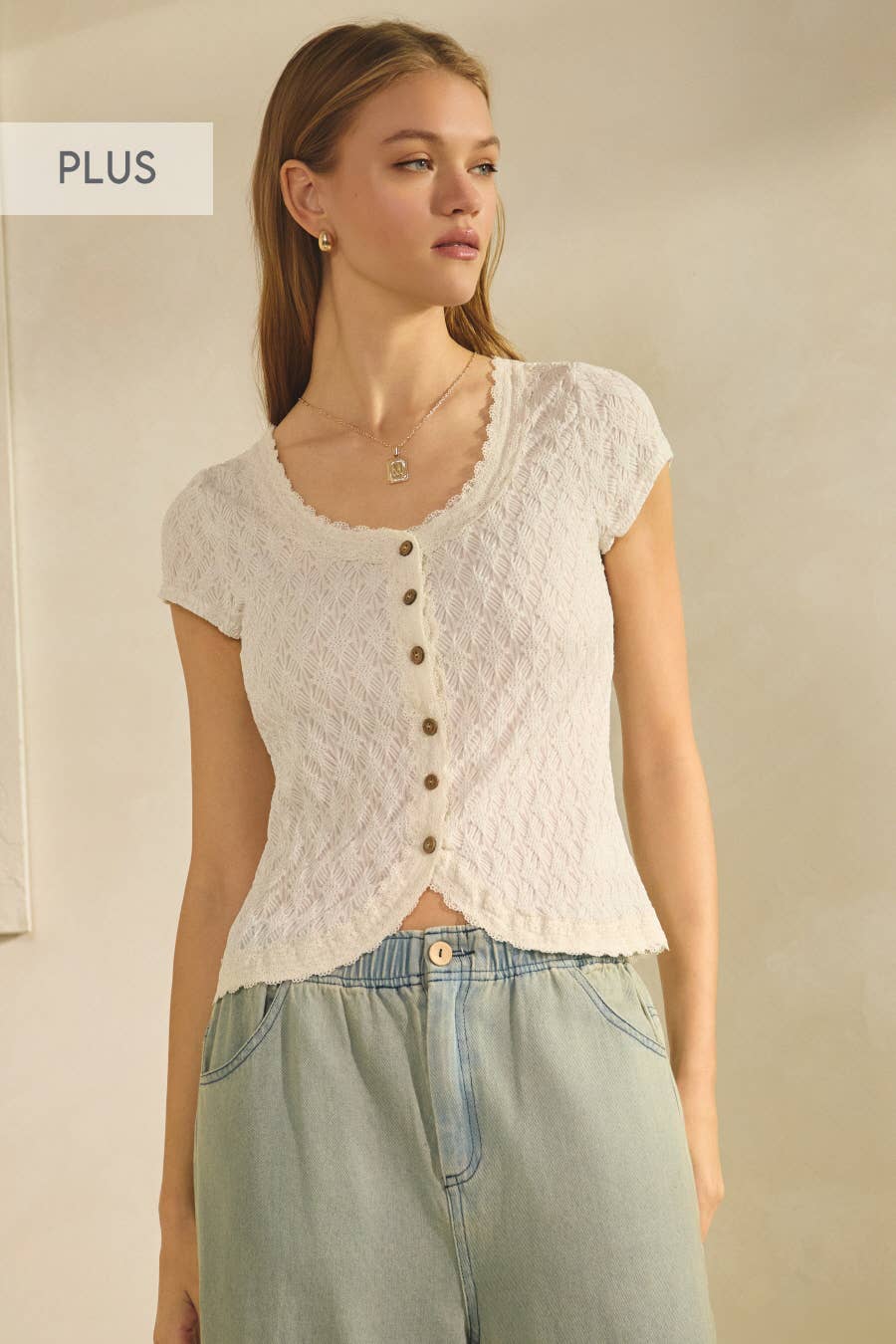Shimmering Open-knit Short-sleeve Cardigan (Plus)