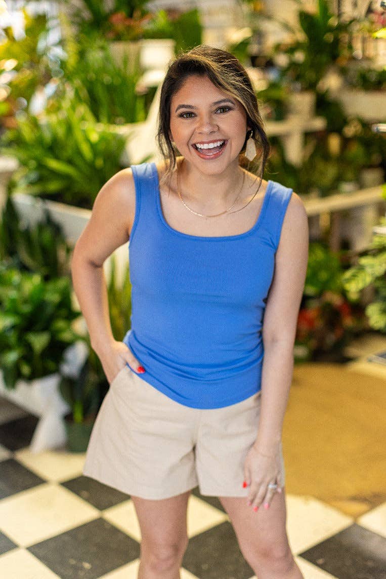 Square Neck Rib Knit Tank Top, Blue