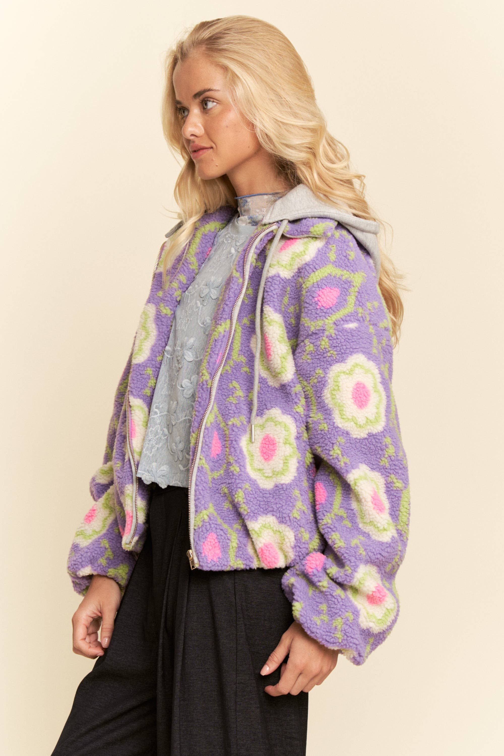 Purple Floral Sherpa Zip Jacket (Plus)