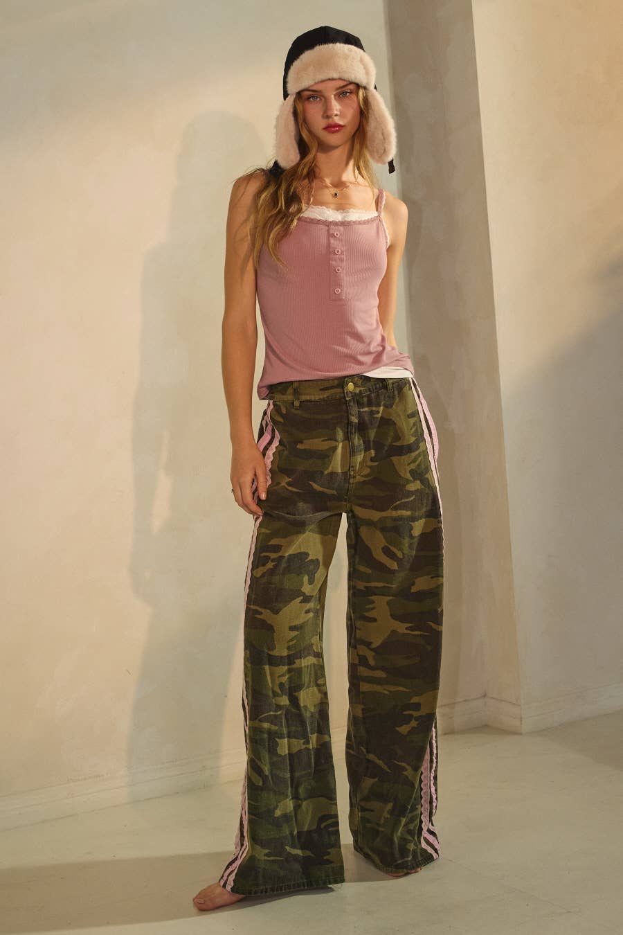 Washed Camo Printed Cotton Pants