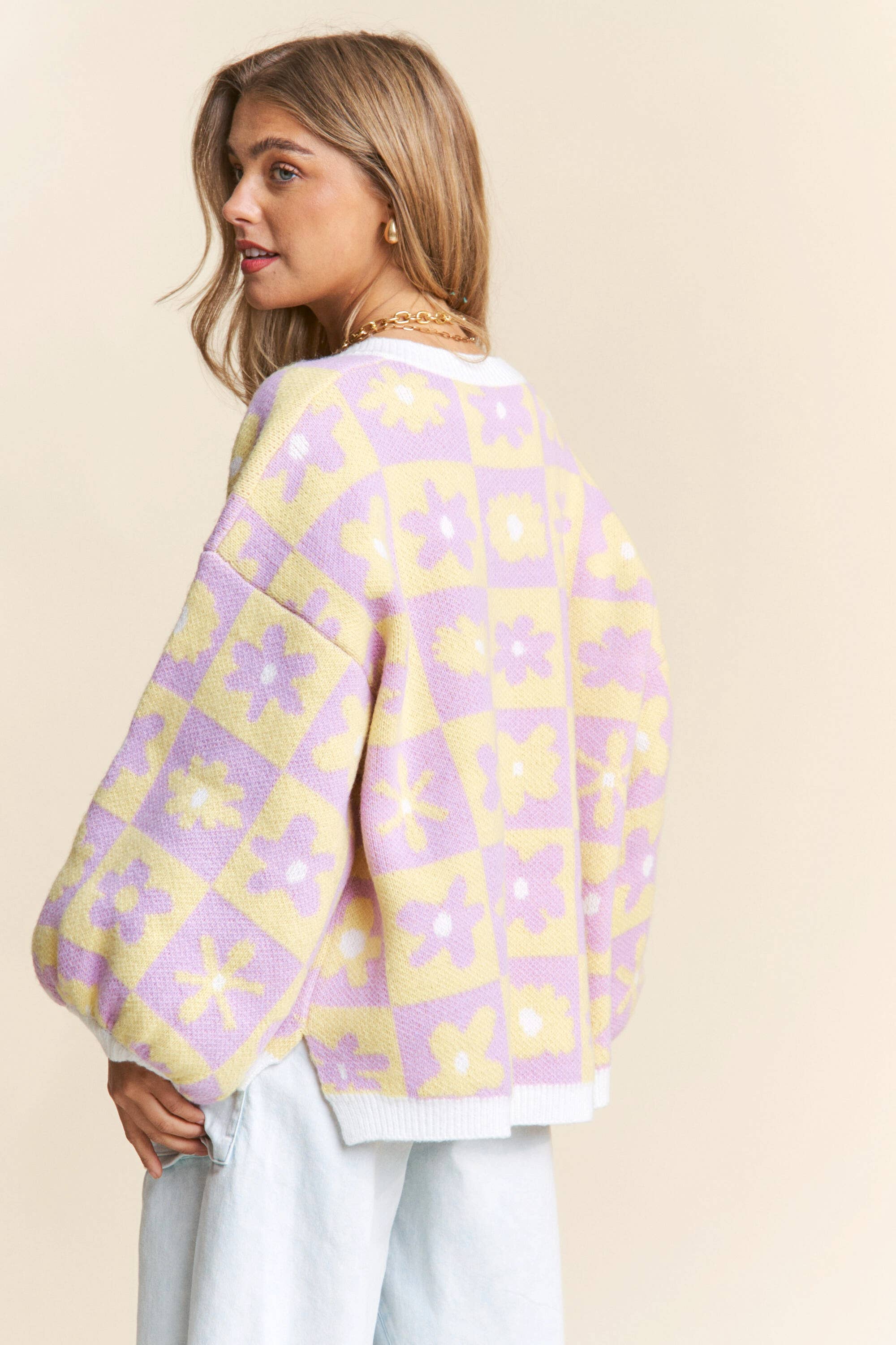 Floral Checkered Knit V Neck Sweater S-L / 1X-3X