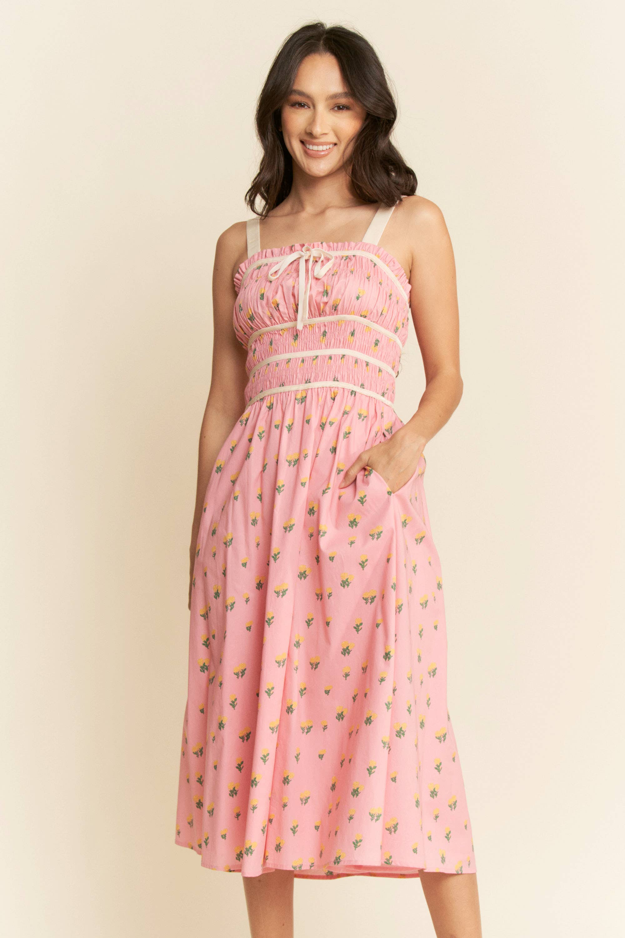 Contrast Velvet Smocking Bodice Midi Dress