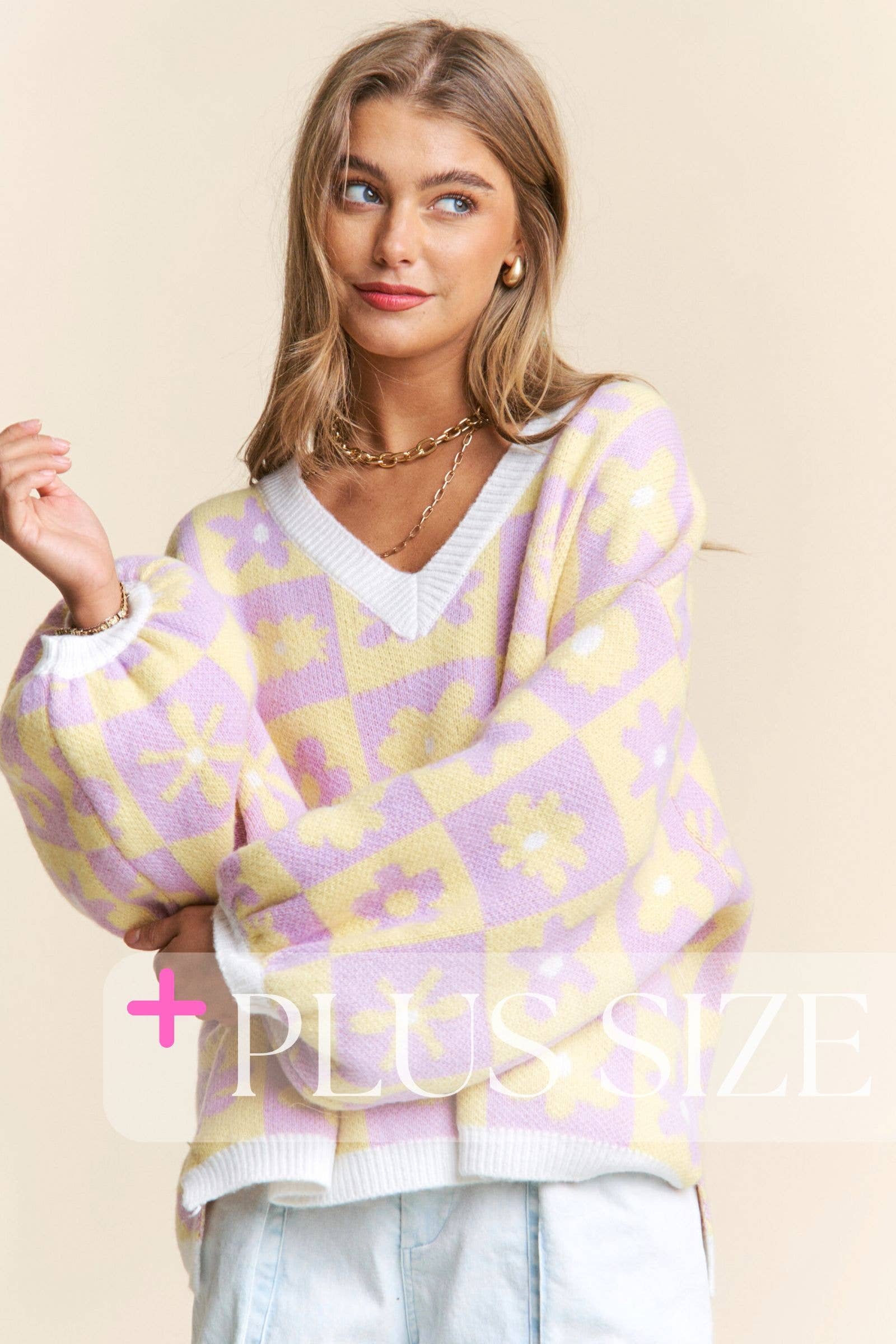Floral Checkered Knit V Neck Sweater S-L / 1X-3X