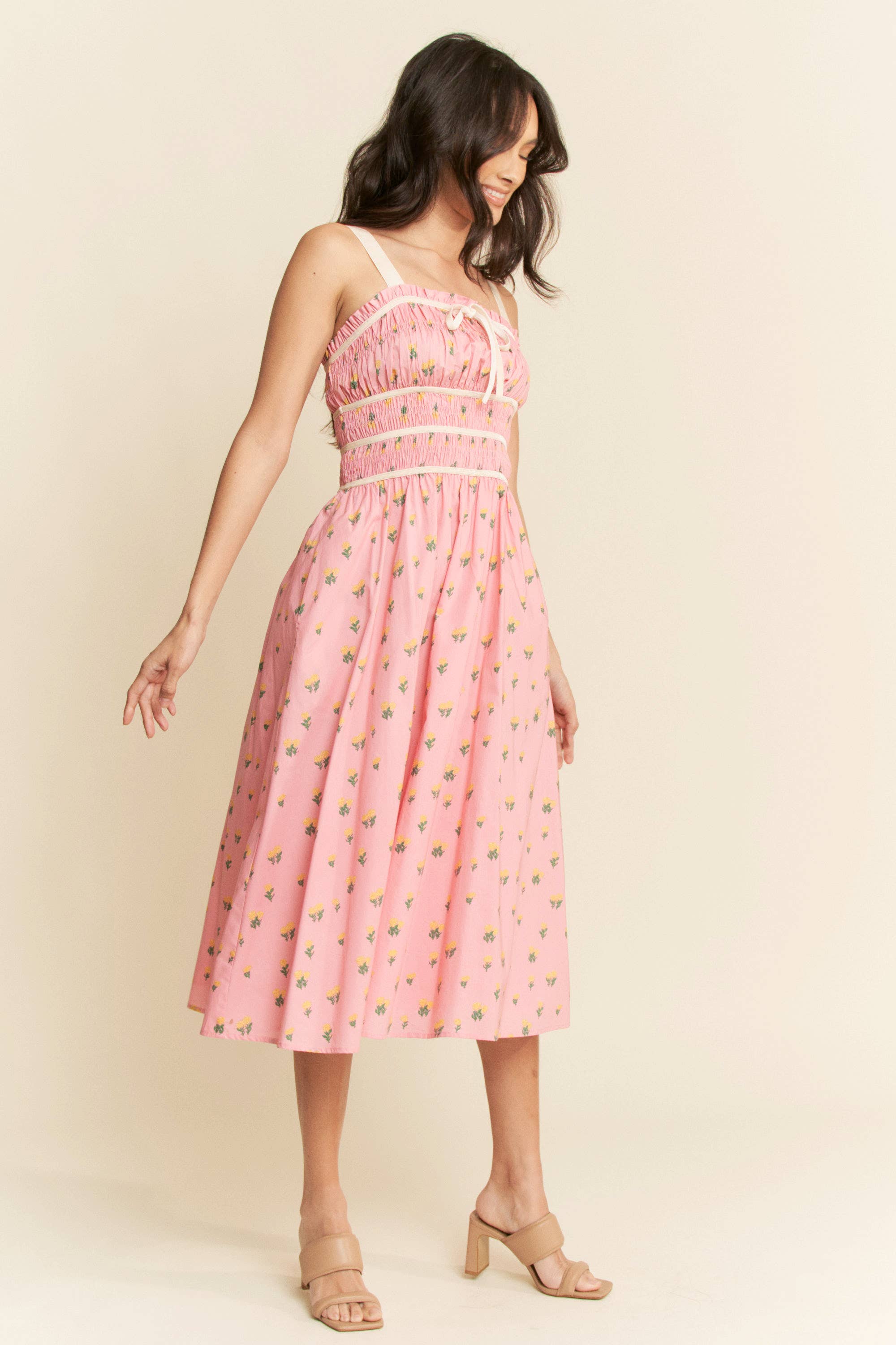 Contrast Velvet Smocking Bodice Midi Dress