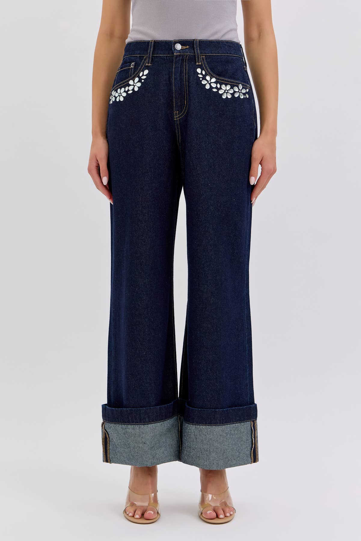 Dark Wash High Rise Wide Leg with Rhinestone Pocket Detail